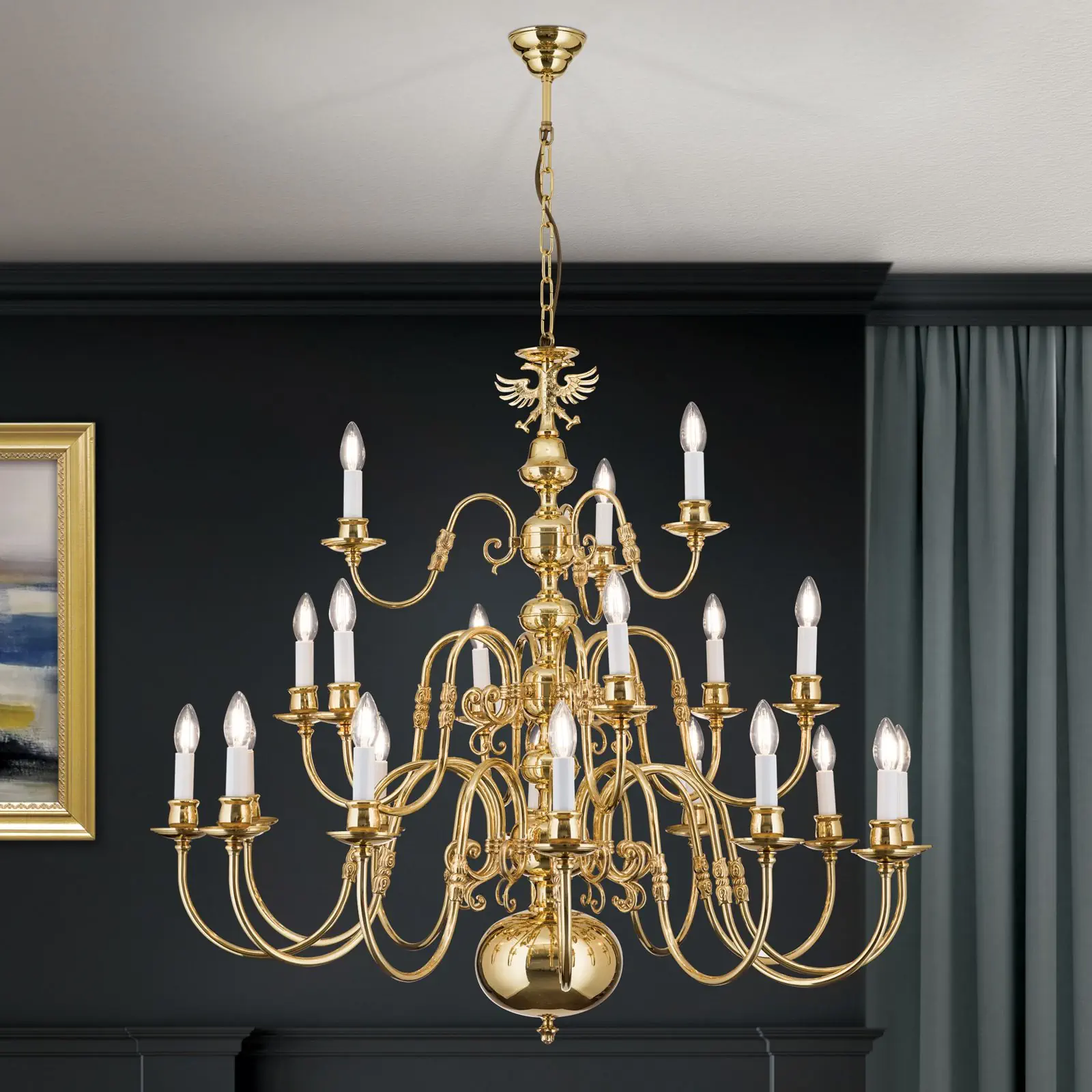 Luster FLÄMISCH, 12+6+3 izvora svetla, sjajni mesing, sa orlom