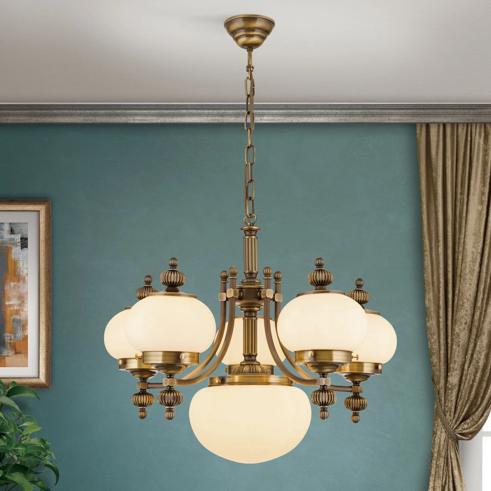 Luster WIENER NOSTALGIE, 5+1 izvora svetla, nagore, antik mesing, šampanj mat staklo