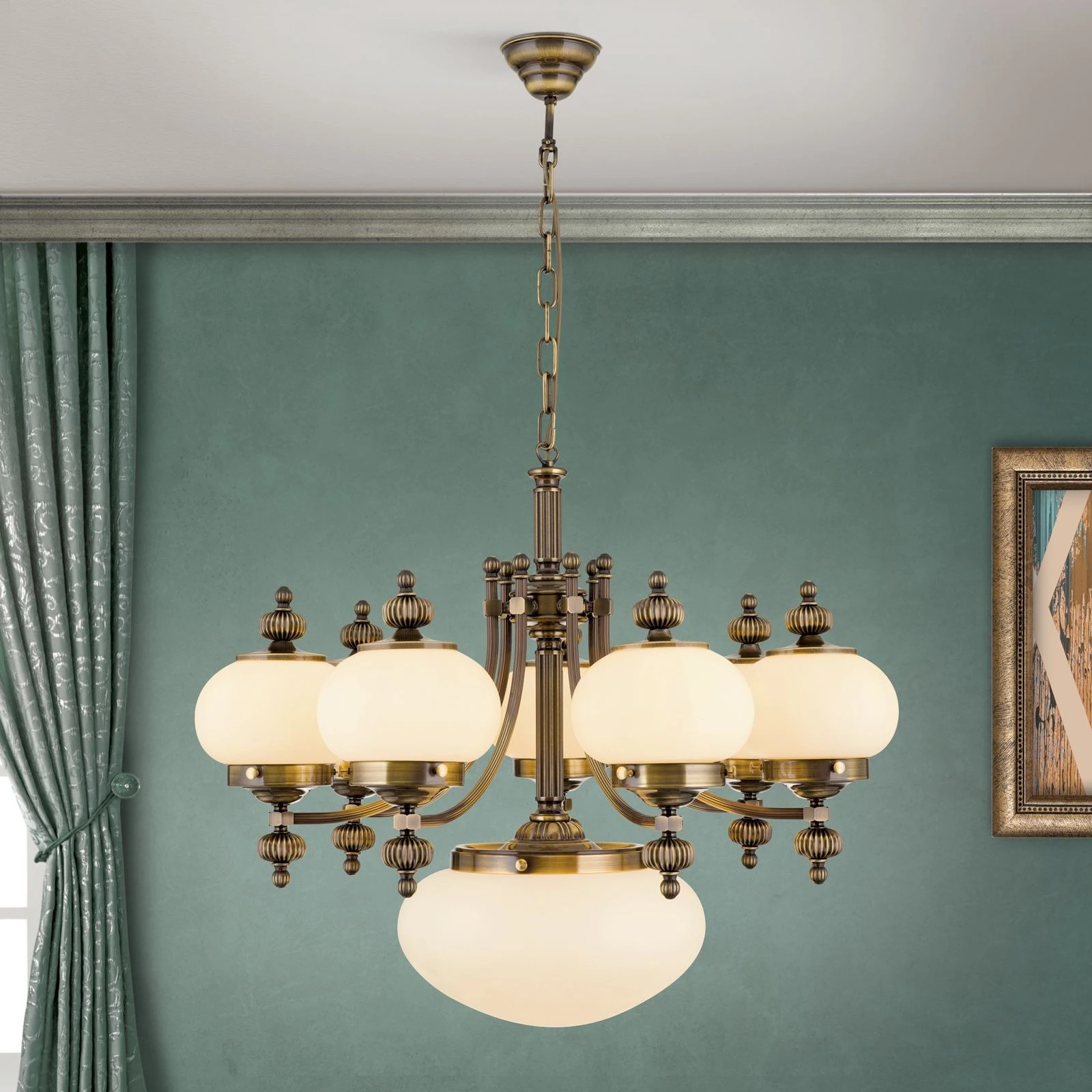 Luster WIENER NOSTALGIE, 7+1 izvora svetla, nagore, antik mesing, šampanj mat staklo