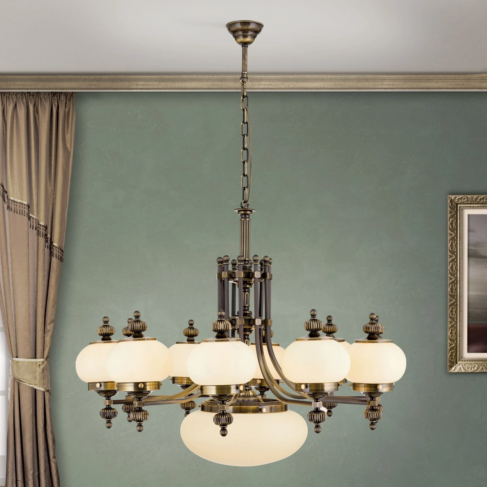 Luster WIENER NOSTALGIE, 10+1 izvora svetla, nagore, sjajni mesing, šampanj mat abažuri