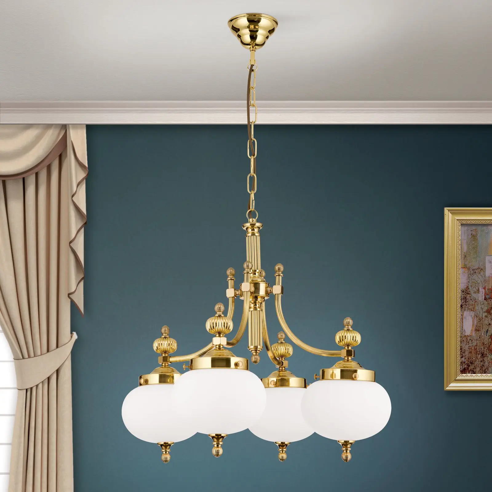 Luster WIENER NOSTALGIE, 4 izvora svetla, sjajni mesing, sa opal mat staklom, usmeren nadole