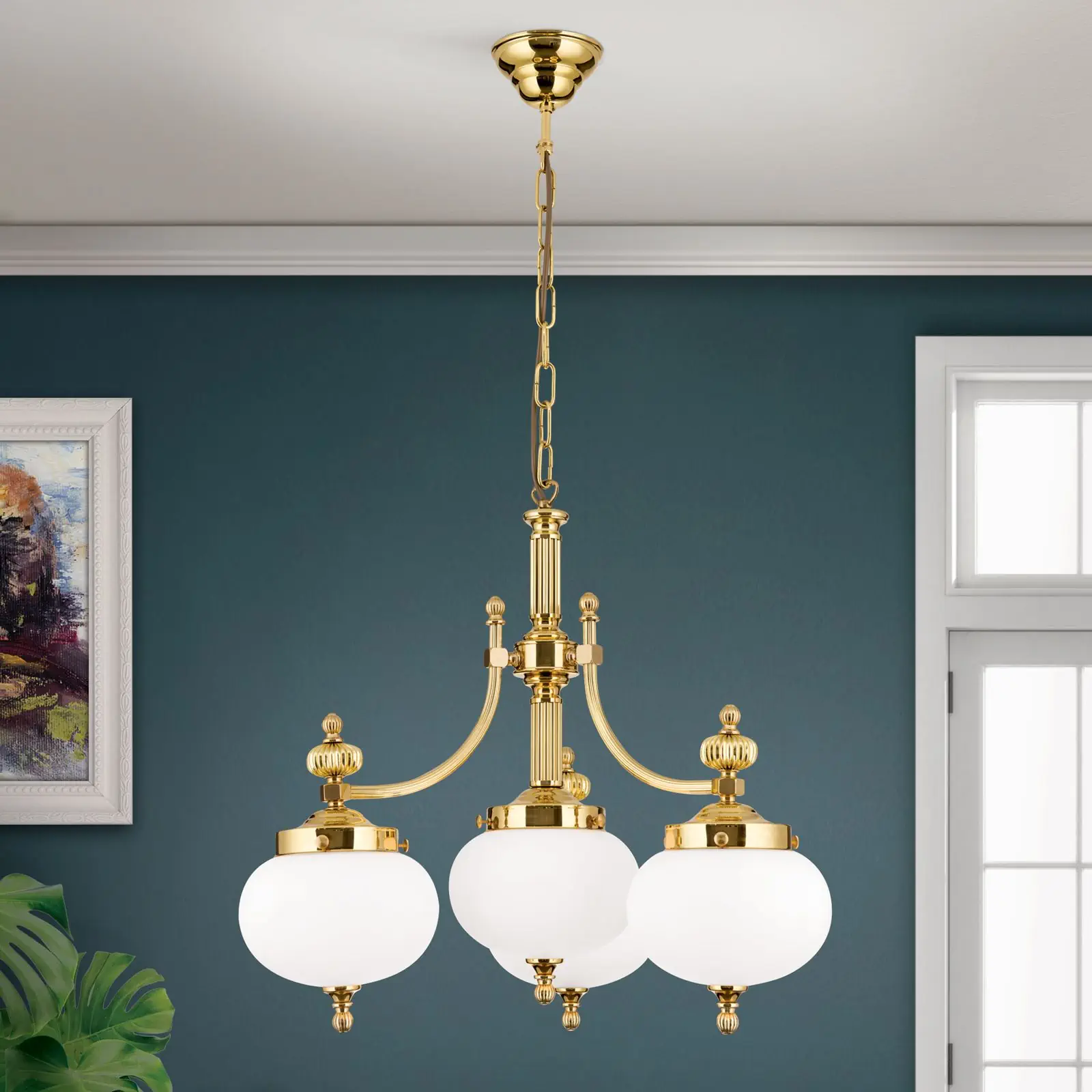 Luster WIENER NOSTALGIE, 3+1 izvora svetla, sjajni mesing, sa opal mat staklom, usmeren nadole