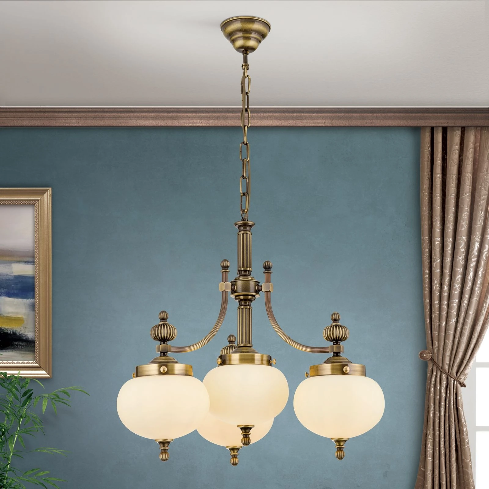 Luster WIENER NOSTALGIE, 3+1 izvora svetla, nadole, antik mesing, šampanj mat staklo