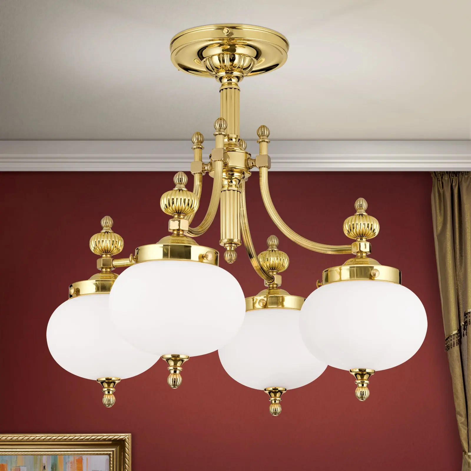 Plafonski luster WIENER NOSTALGIE, sa 4 izvora svetla, sjajni mesing, sa opalno mat staklom