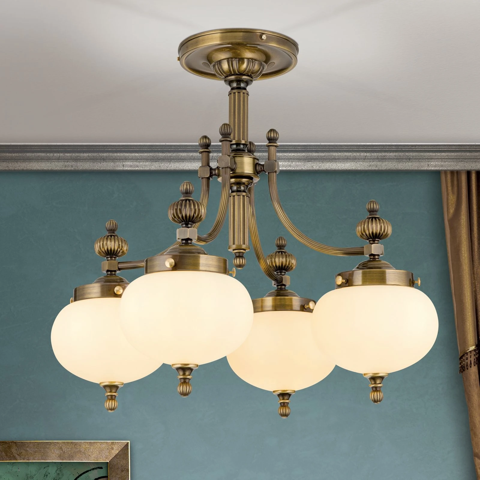 Plafonski luster WIENER NOSTALGIE, 4 izvora svetla, antik mesing, šampanj staklo