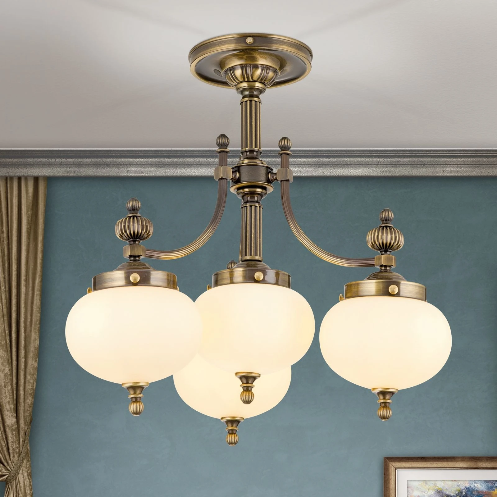 Plafonski luster WIENER NOSTALGIE, 3+1 izvora svetla, antik mesing, šampanj staklo