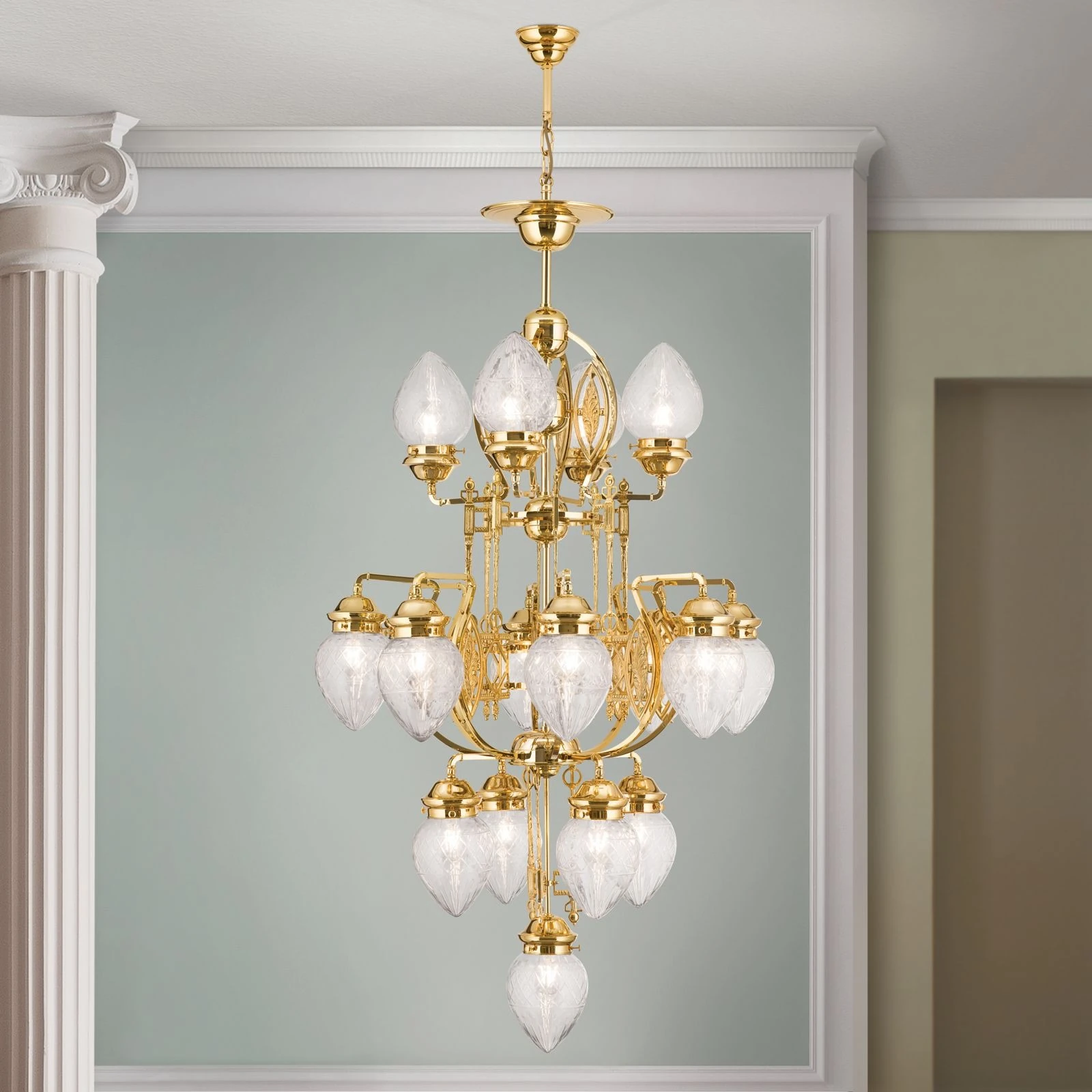 Luster BUDAPEST, 17 izvora svetla, 24-karatno pozlaćen, providno kristalno staklo