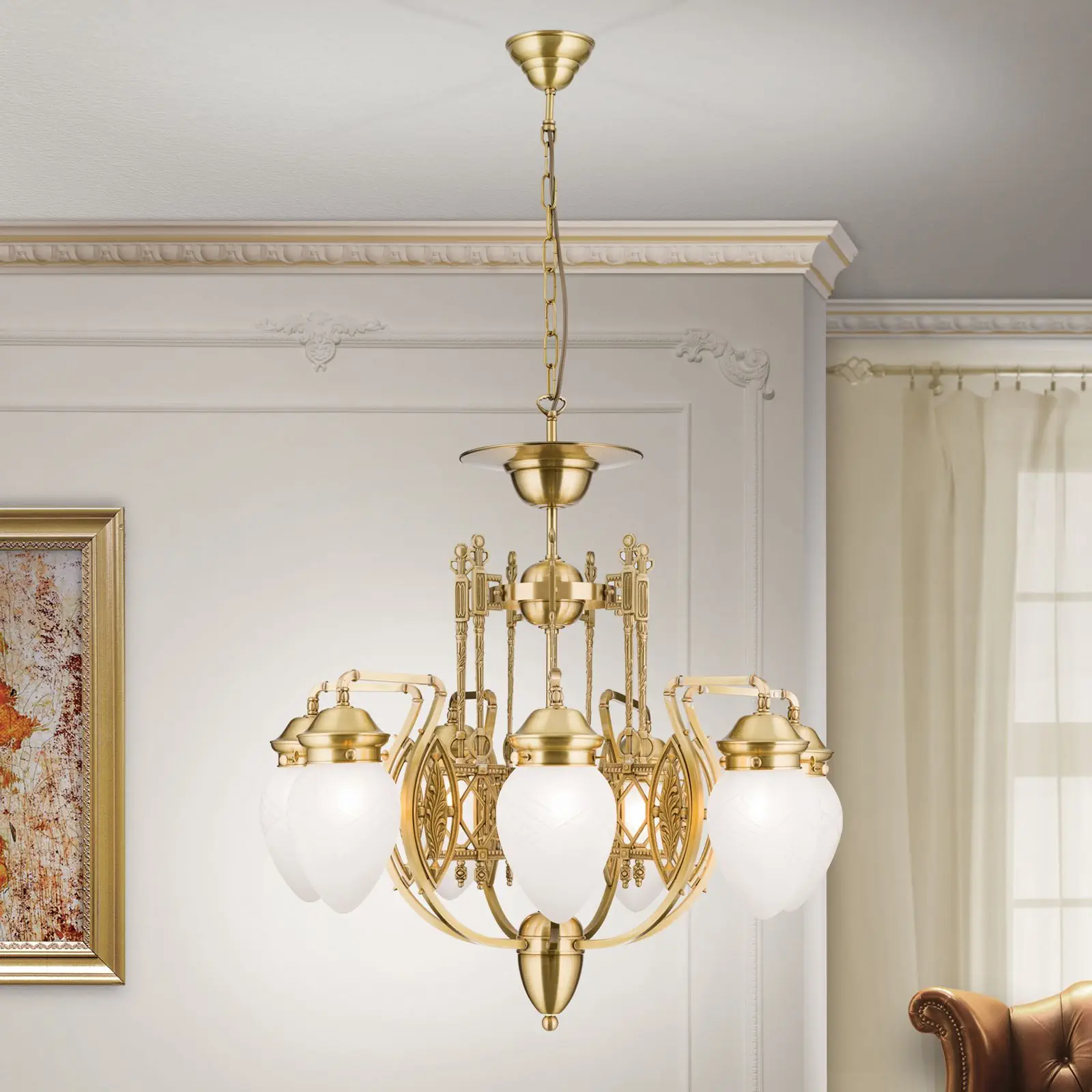 Luster BUDAPEST, 7 izvora svetla, zlato, sa prozirnim mat staklom