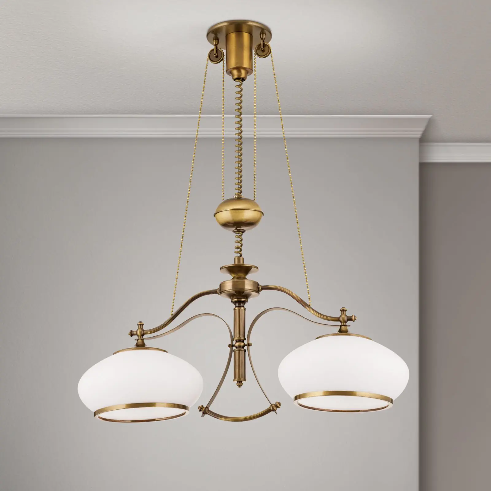 Luster EMPIRE, antik mesing završna obrada, sa 2 opalna stakla i sistemom sa tegom