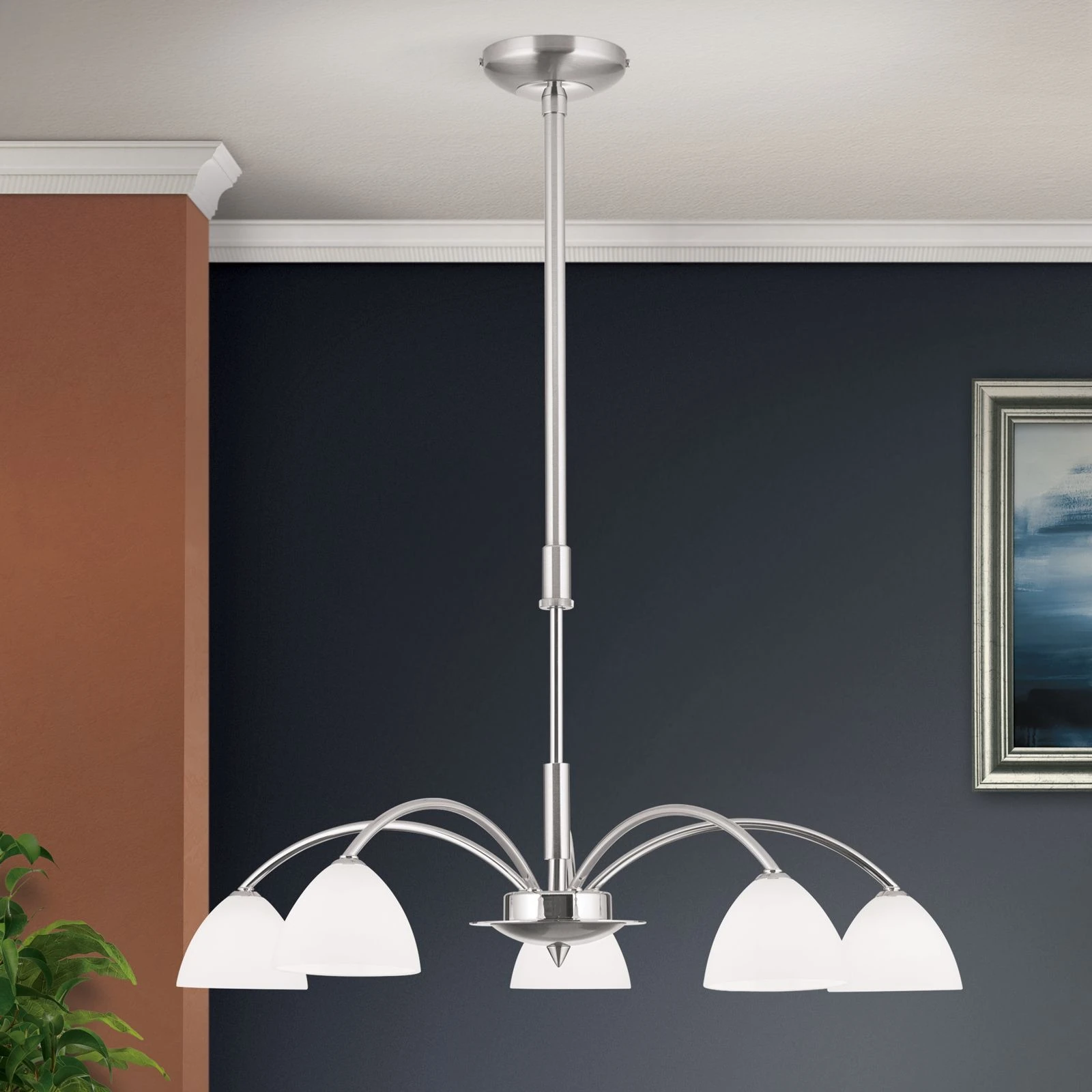 Luster OPALDESIGN, 5 izvora svetla, saten hrom, opalno staklo