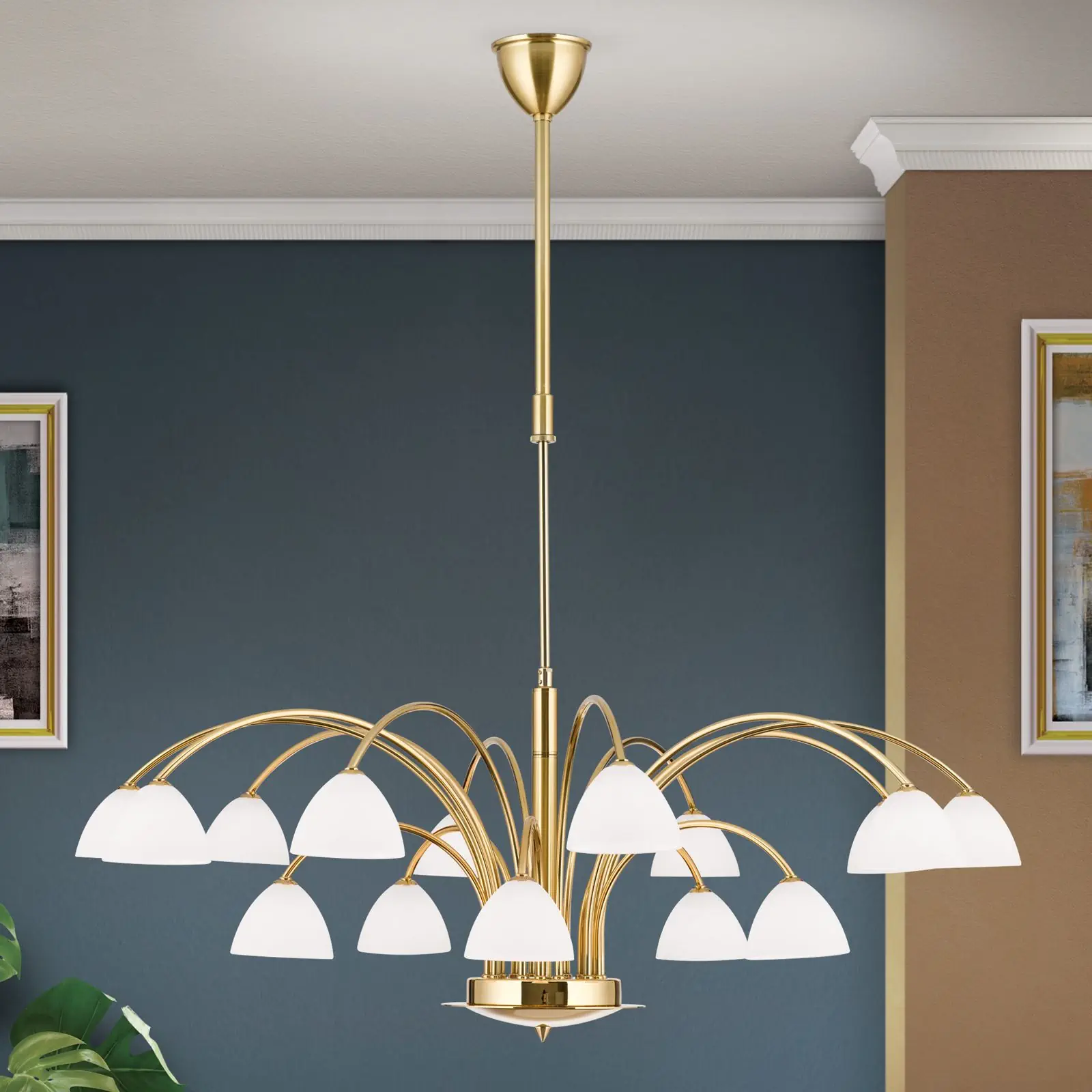 Luster OPALDESIGN, 15 izvora svetla, mat zlatna, sa opalnim staklom