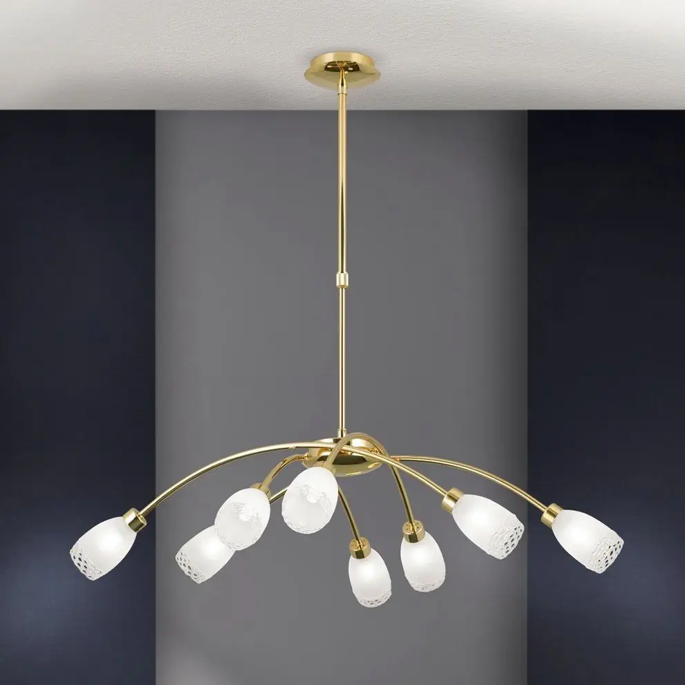 Luster CARLA, 8 izvora svetla, sjajni mesing sa satiniranim difuznim staklima