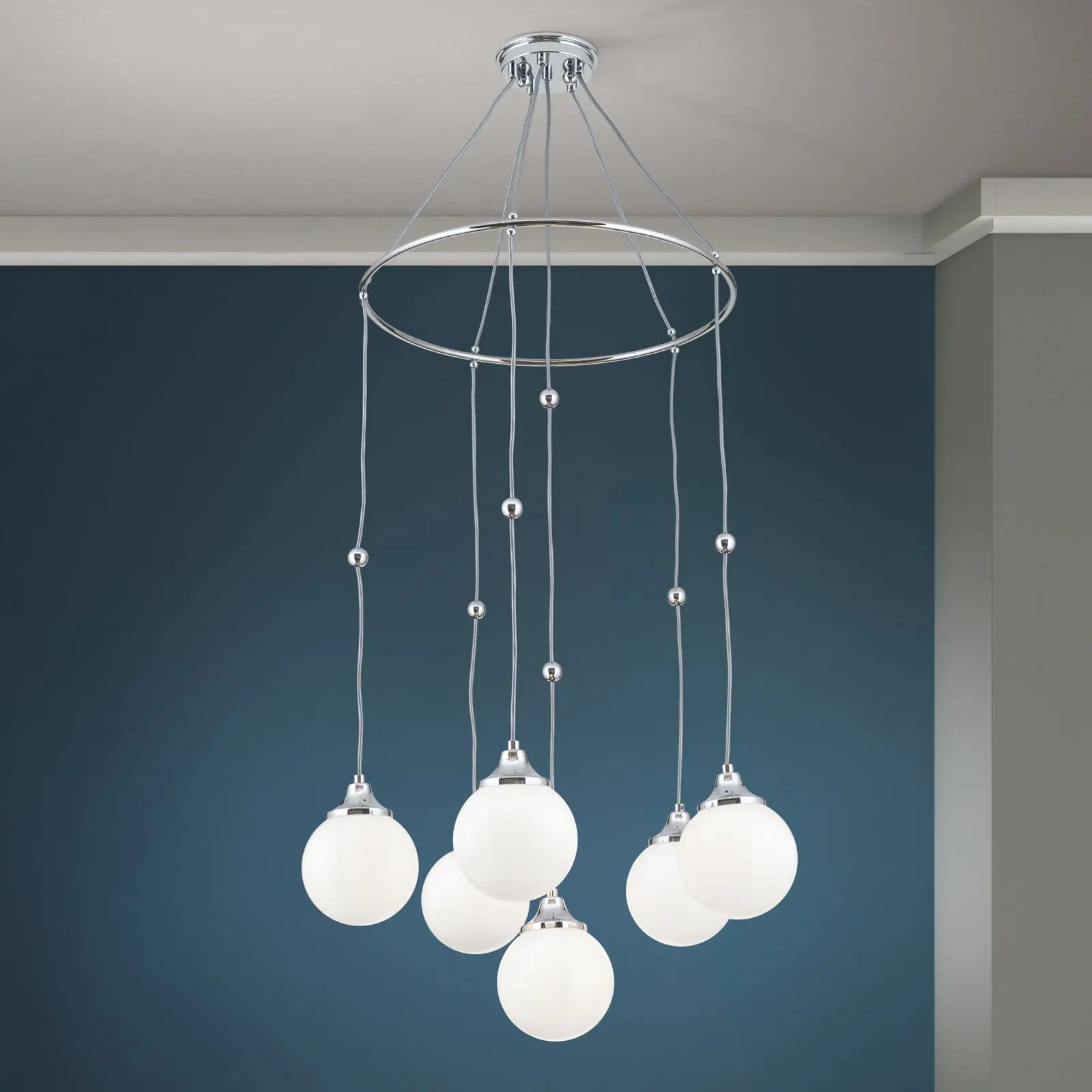 Viseća lampa ALT WIEN sa 6 sjajnih opalnih stakala, završna obrada sjajni nikl