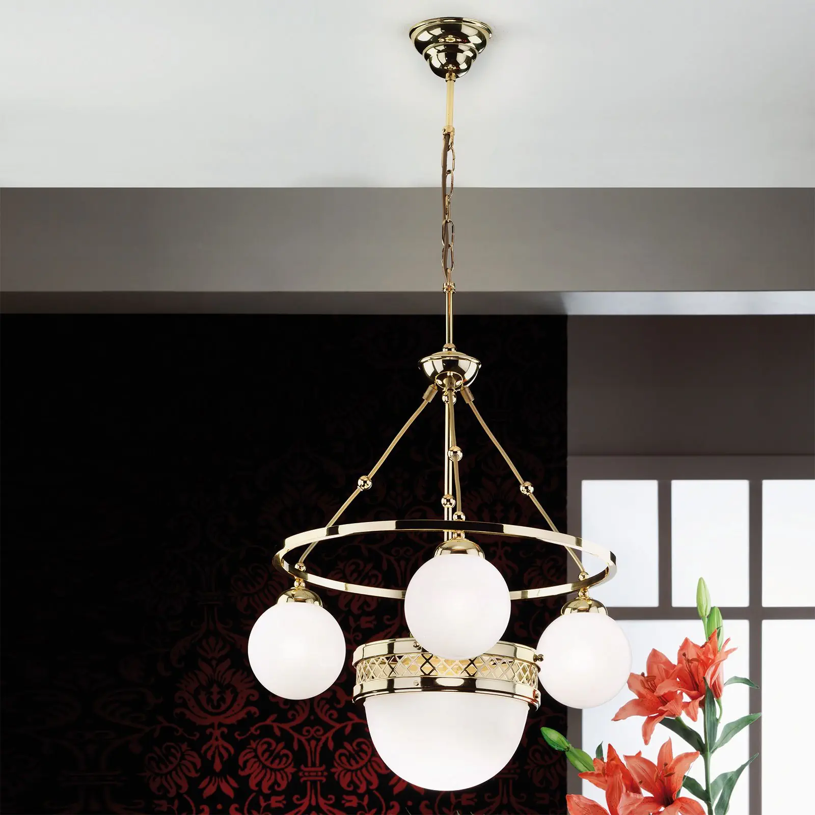 Viseća lampa ALT WIEN, 3+1 svetlo, sjajni mesing, sa opalno sjajnim staklom