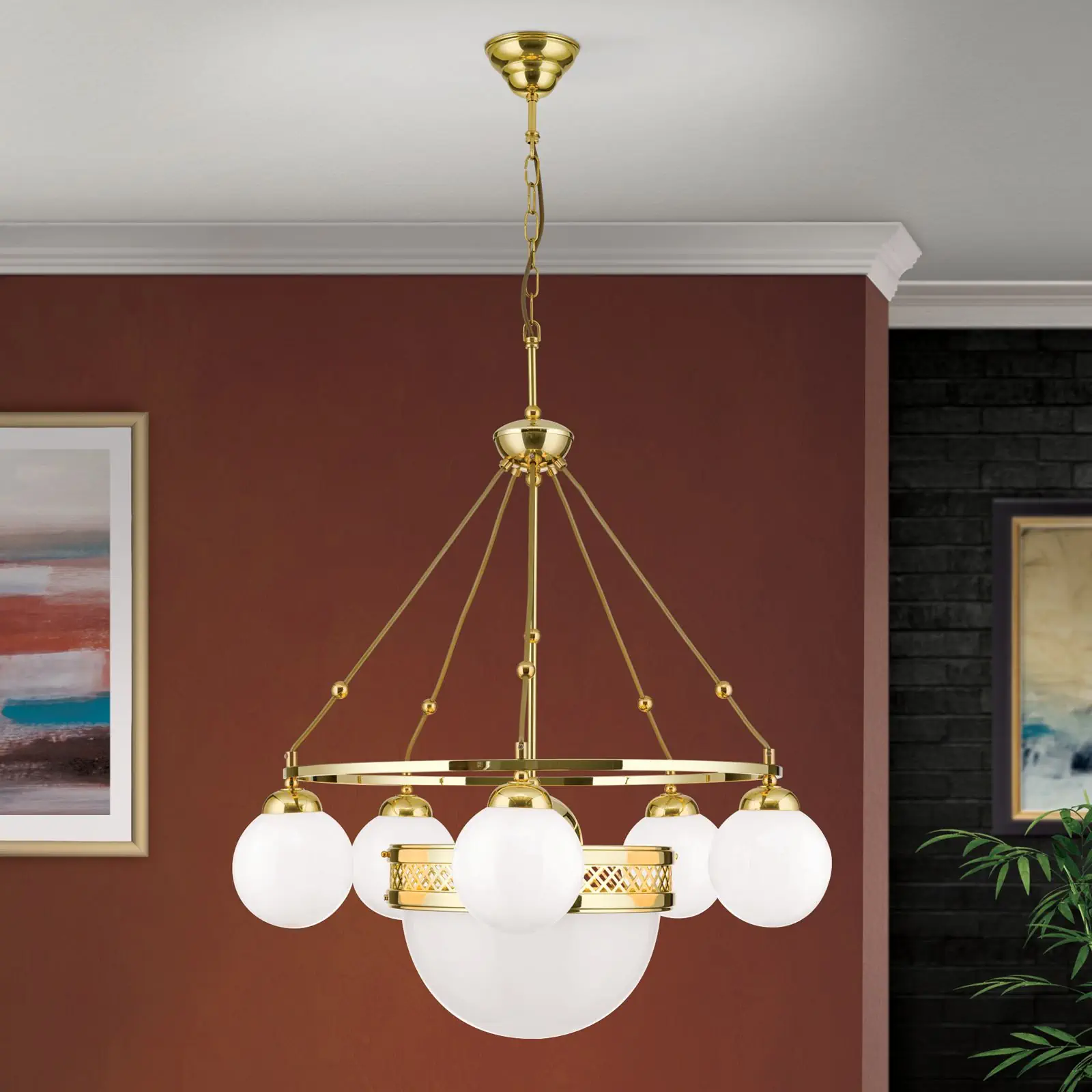 Viseća lampa ALT WIEN, 5+1 svetlo, sjajni mesing, sa opalno sjajnim staklom