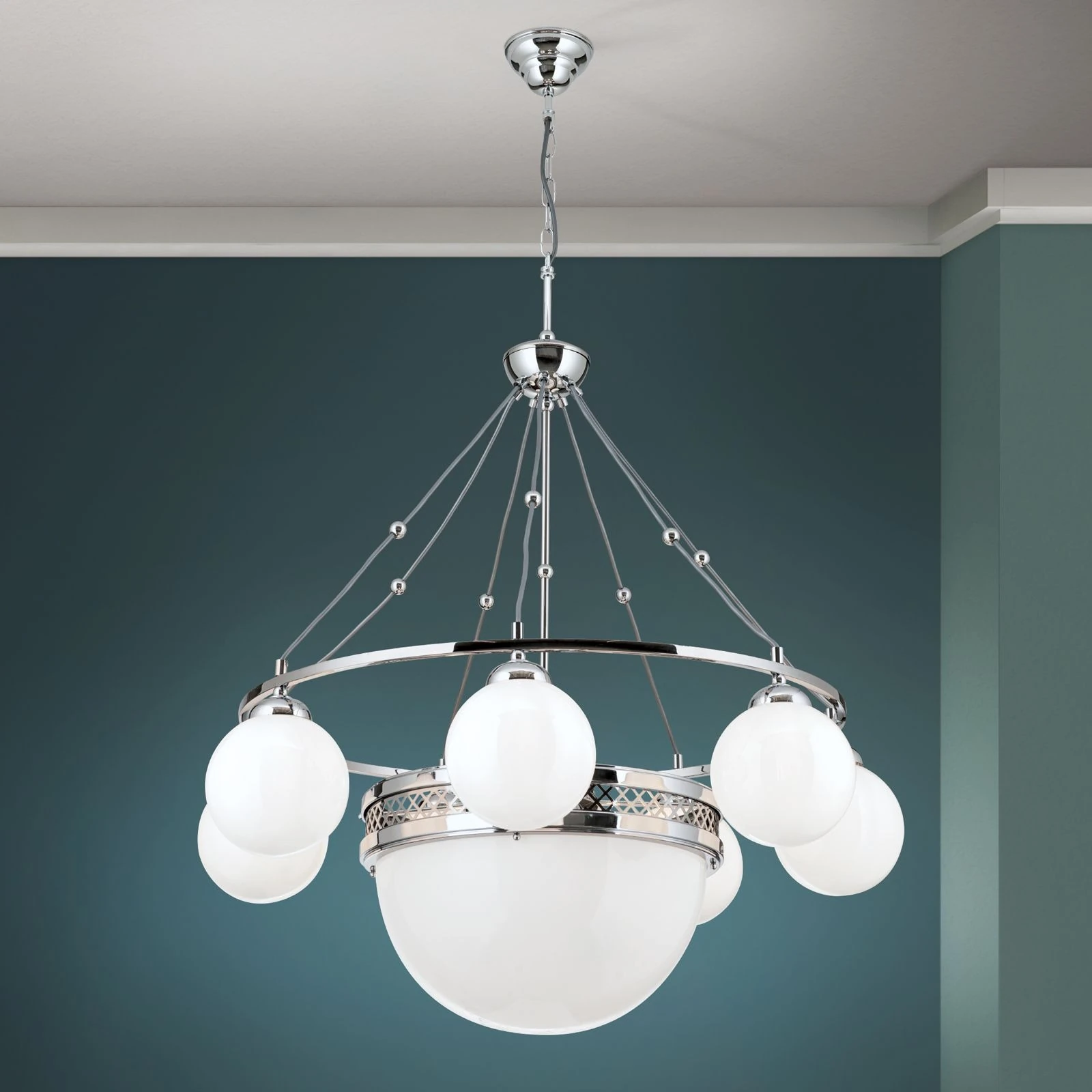 Luster ALT WIEN, 7+1 izvora svetla, sjajno opalno staklo, SCHÖLER CRYSTAL®, sjajni nikl