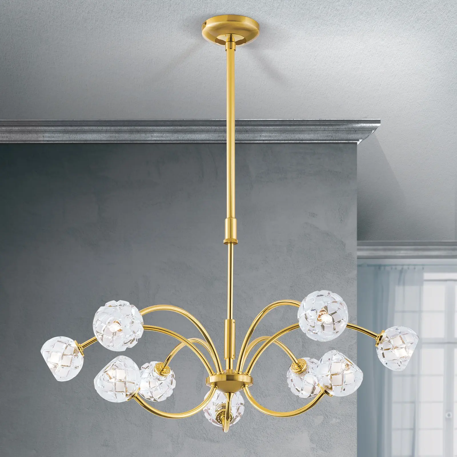 Luster MADERNO, 9 izvora svetla, mat zlatna