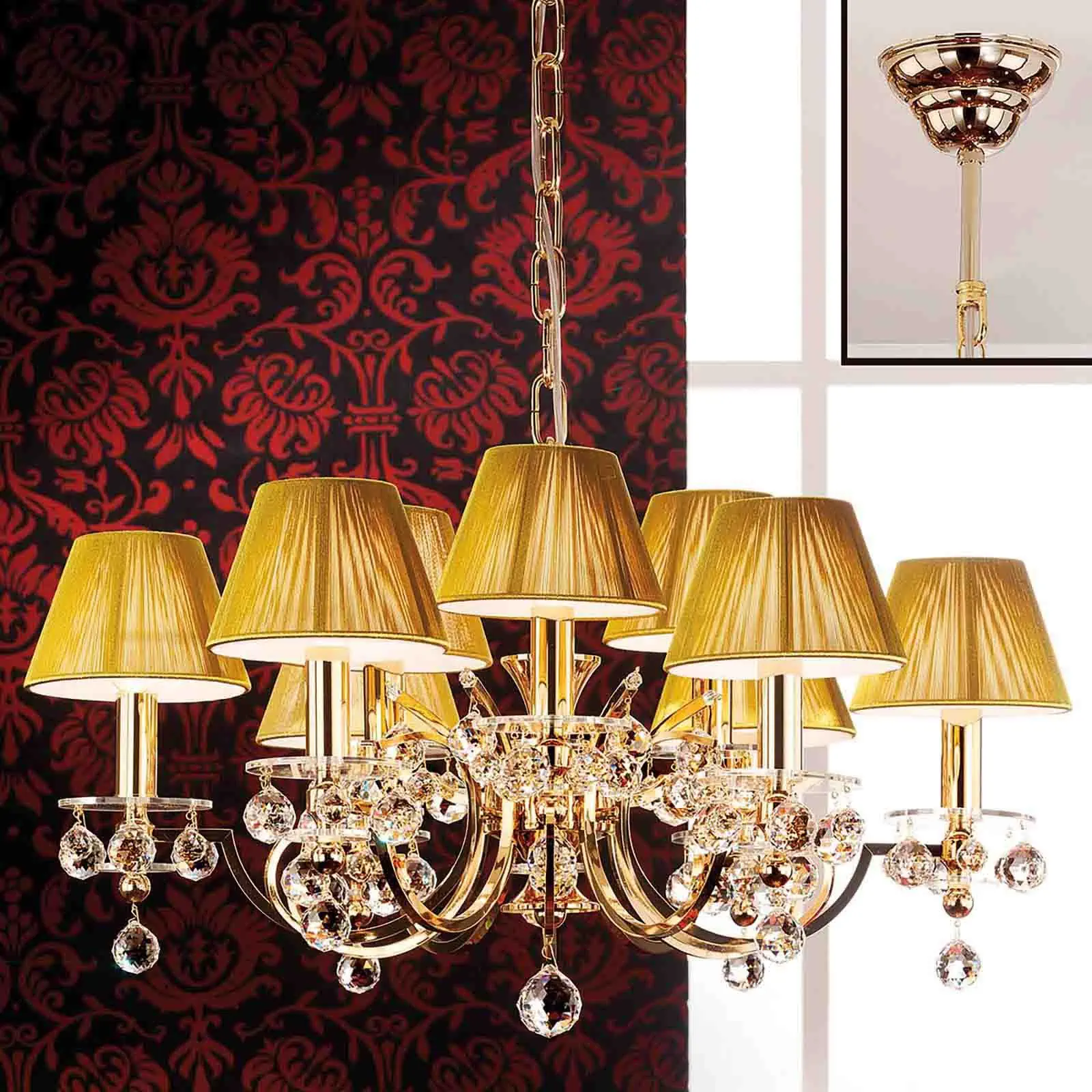 Luster KRISTALLDESIGN, 9 izvora svetla, zlatni sa šampanj abažurima