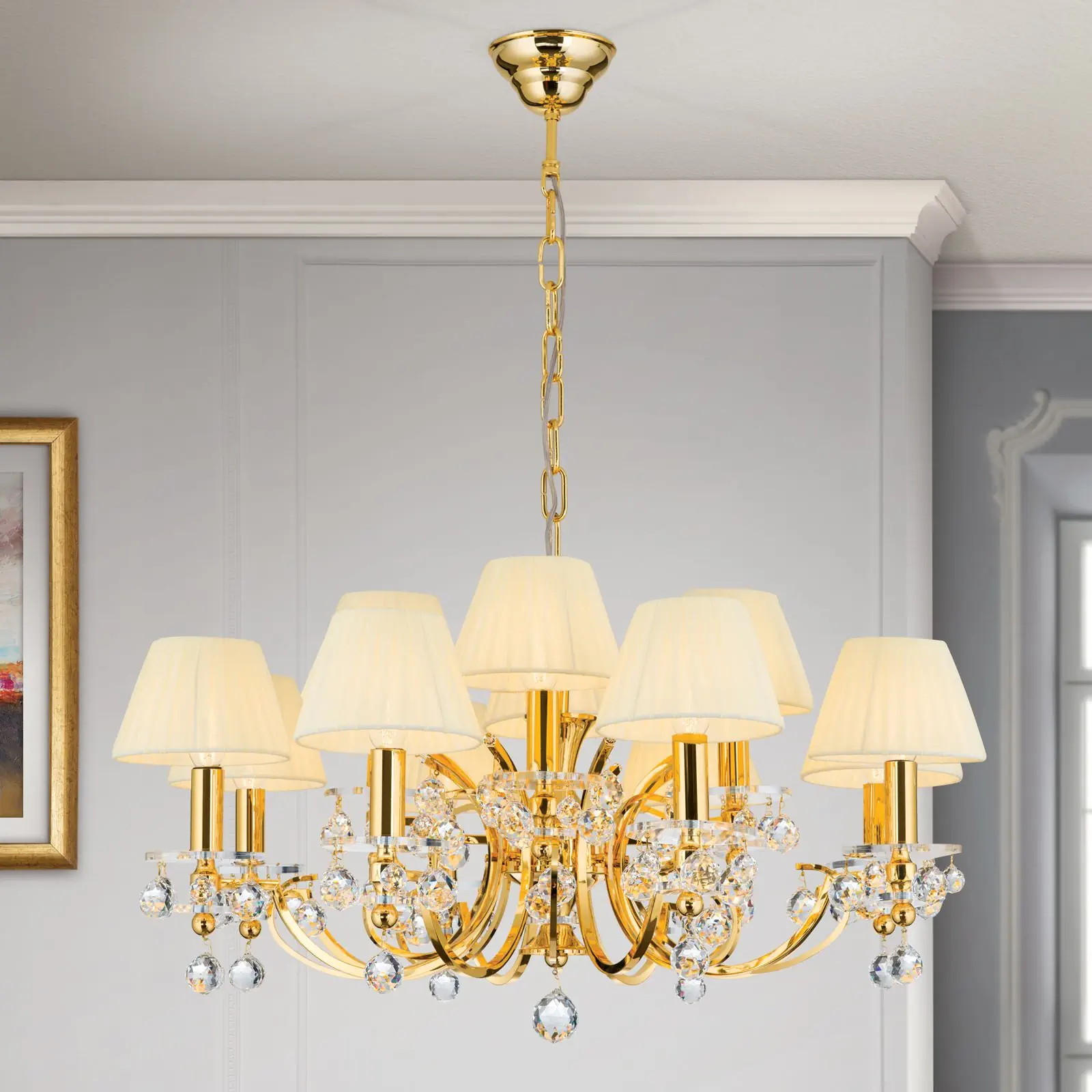 Luster KRISTALLDESIGN, 12 izvora svetla, zlatni sa šampanj abažurom