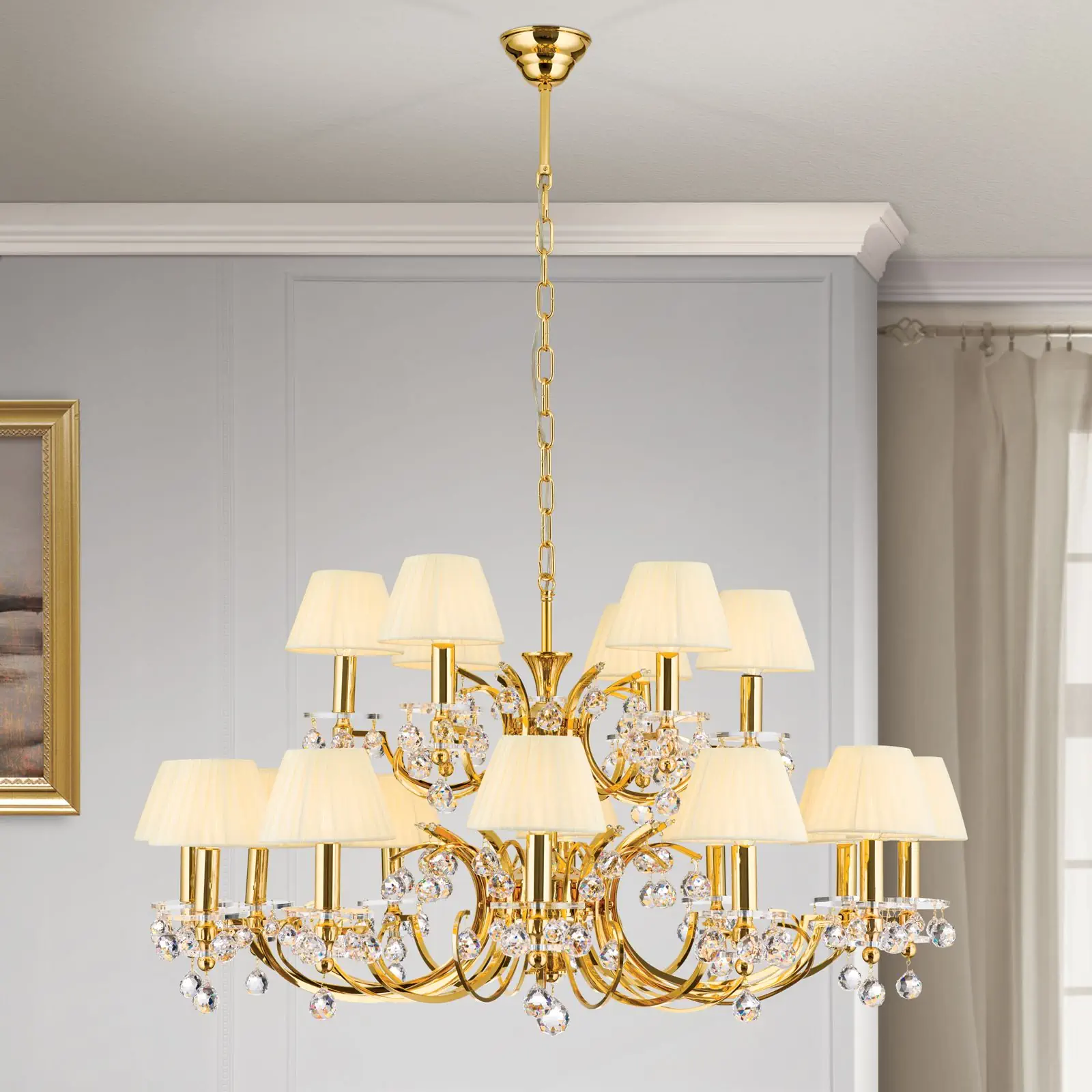 Luster KRISTALLDESIGN, 18 izvora svetla, zlatni sa šampanj abažurima