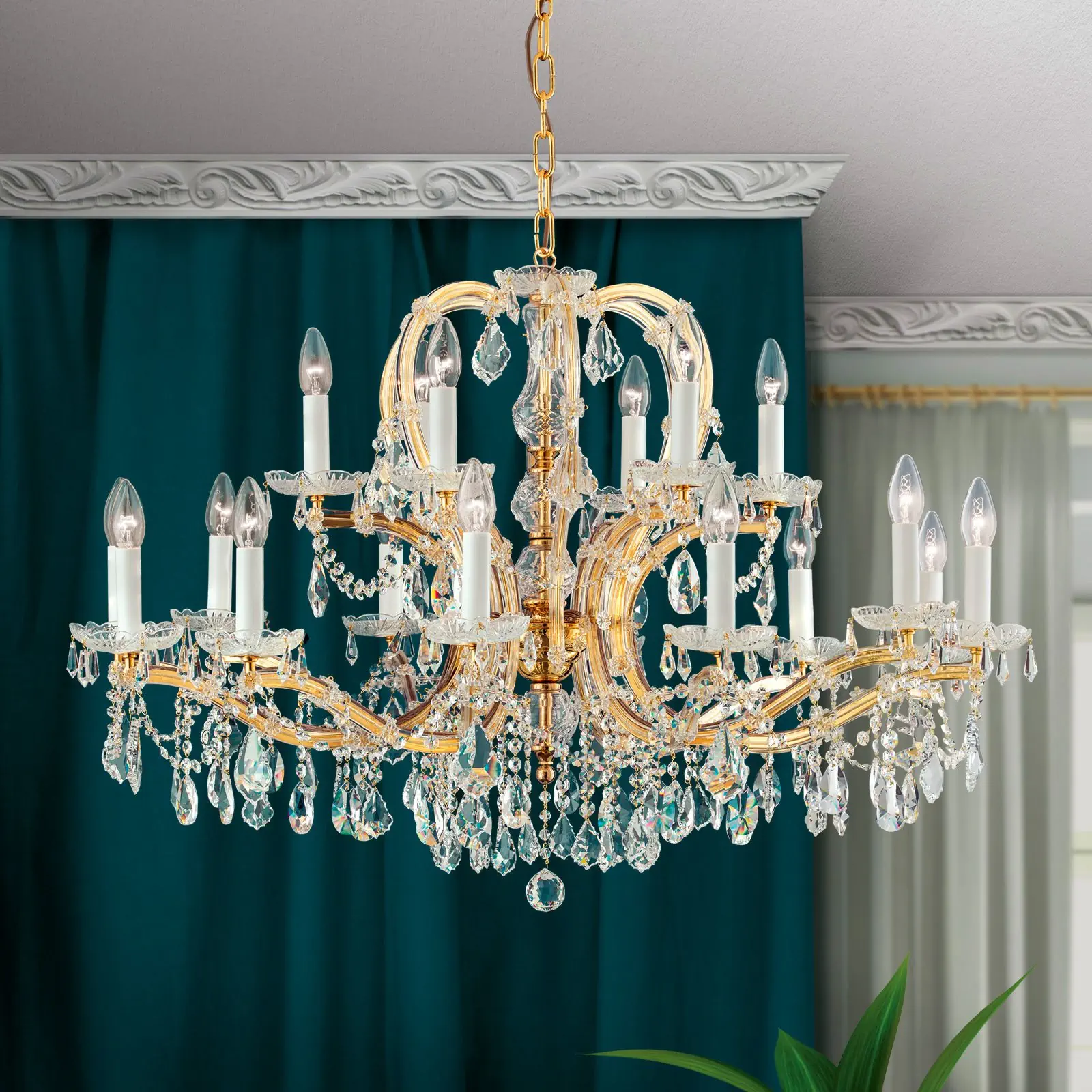 Luster MARIA THERESIA, 18 izvora svetla, zlatni, sa krunom