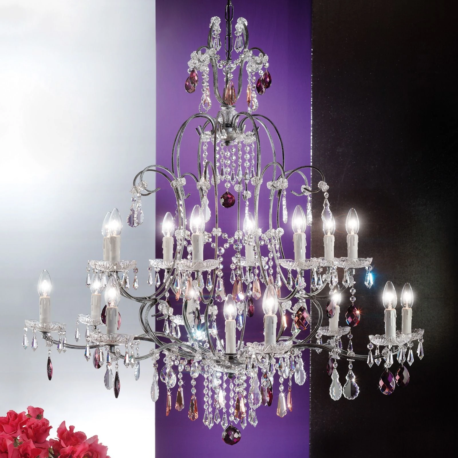 Luster VERONA, 17 izvora svetla, antik srebro, providni kristali