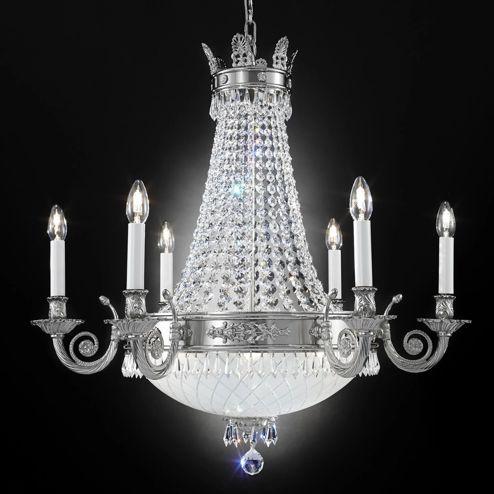 Luster EMPIRE CRYSTAL, 6+6 izvora svetla, antik srebro, saten difuzno opalno staklo