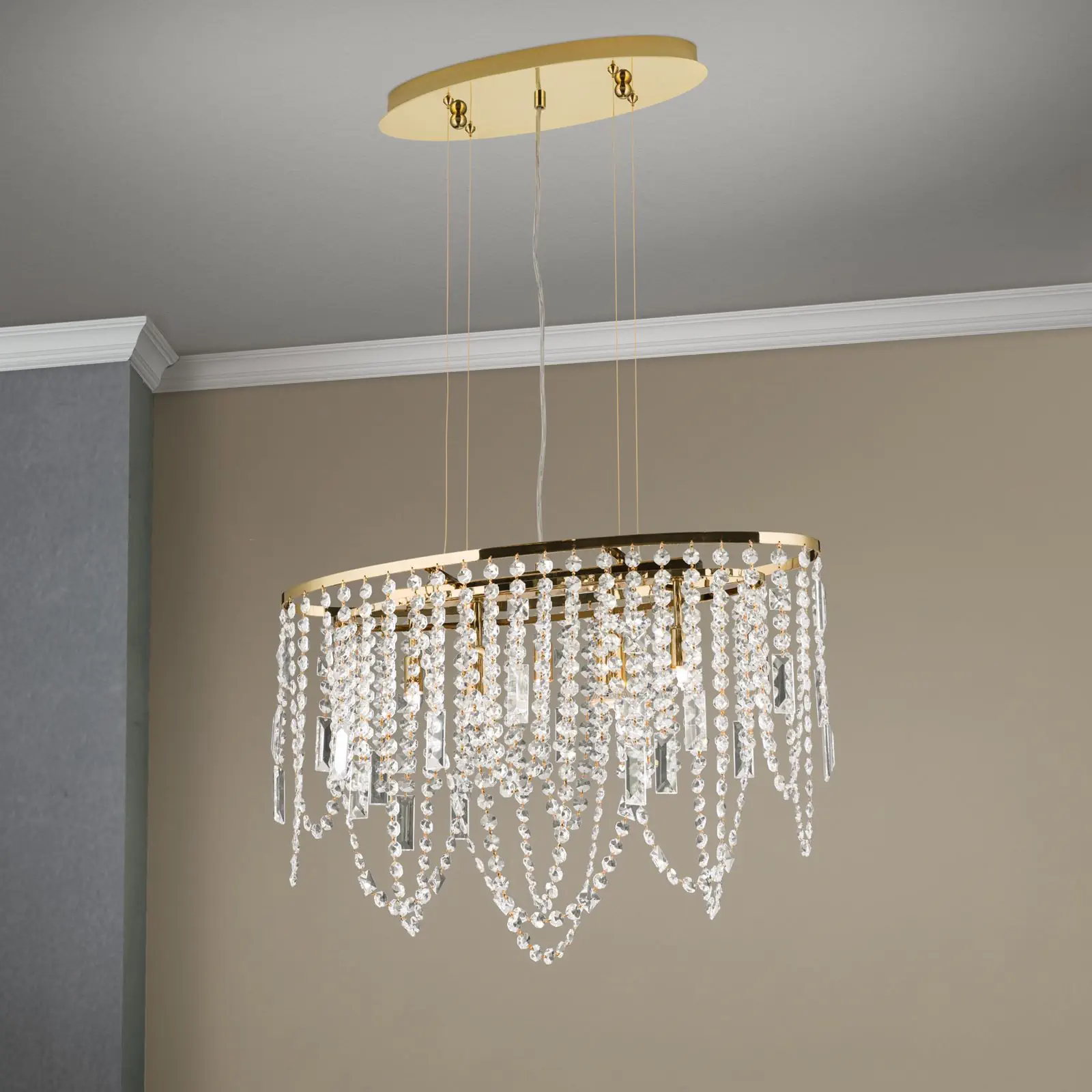Plafonski luster KRISTALLDESIGN, ovalni oblik, 60 × 25 cm, pozlaćen 24-karatnim zlatom