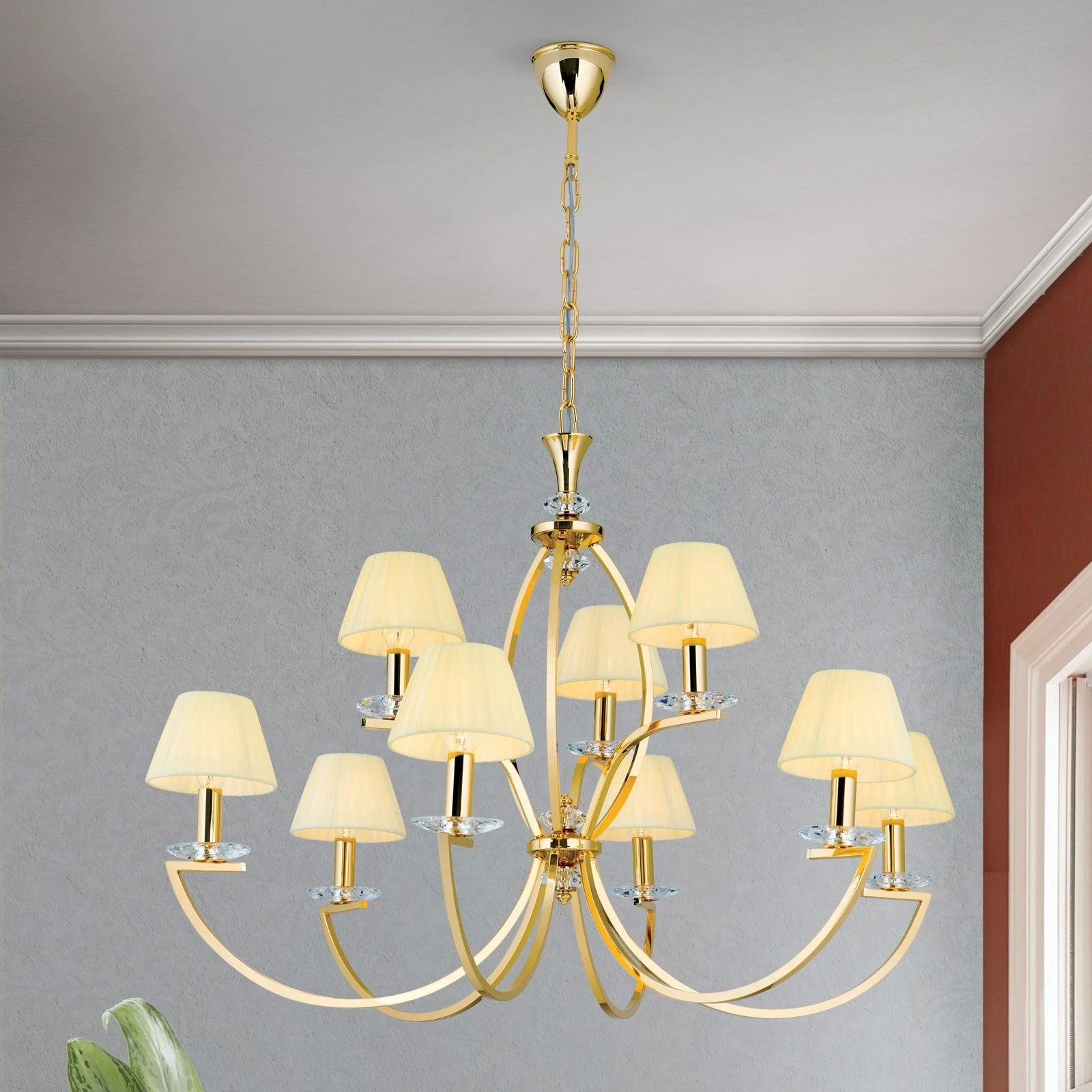 Luster AVALA, 9 izvora svetla, 24-karatno pozlaćen, providni kristali, šampanj abažuri