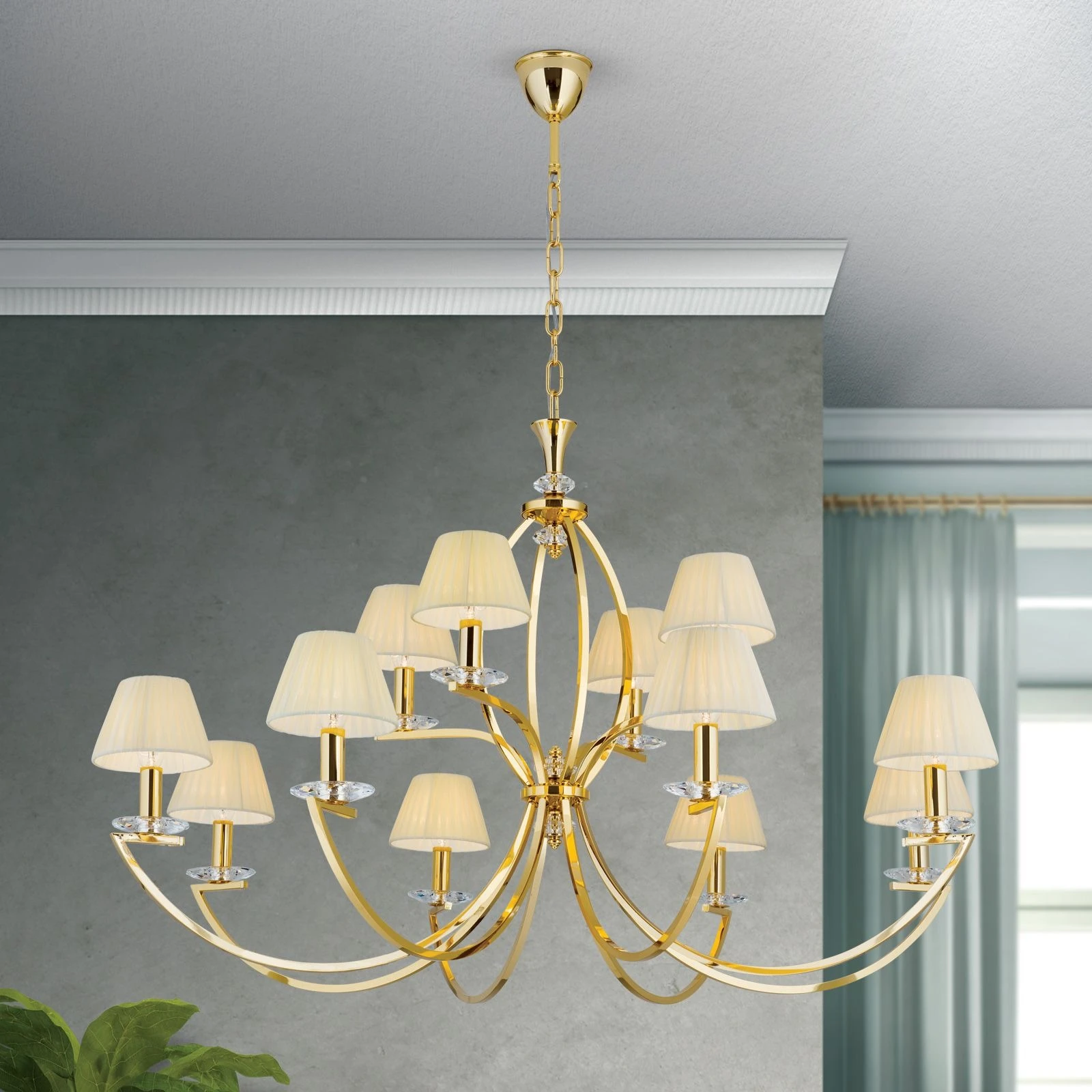 Luster AVALA, 12 izvora svetla, 24-karatno pozlaćen, providni kristali, šampanj abažuri