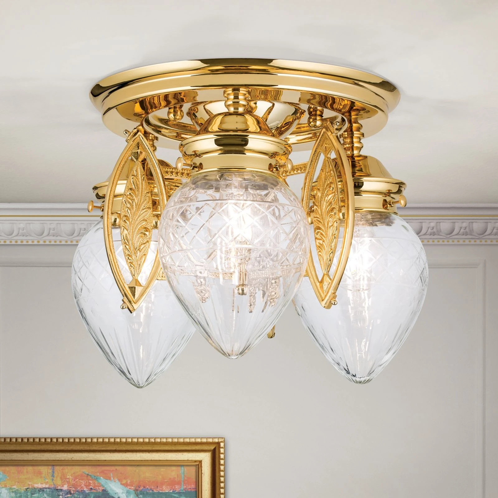 Plafonski luster BUDAPEST, 3 izvora svetla, 24-karatno pozlaćen, prozirno brušeno staklo