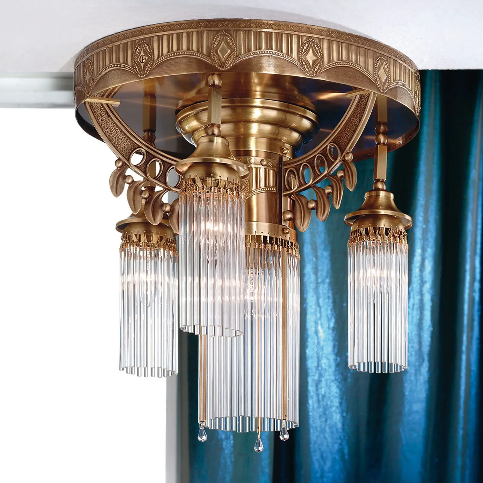 Plafonski luster ADELE, sa 4 izvora svetla, antik mesing, sa staklenim šipkama