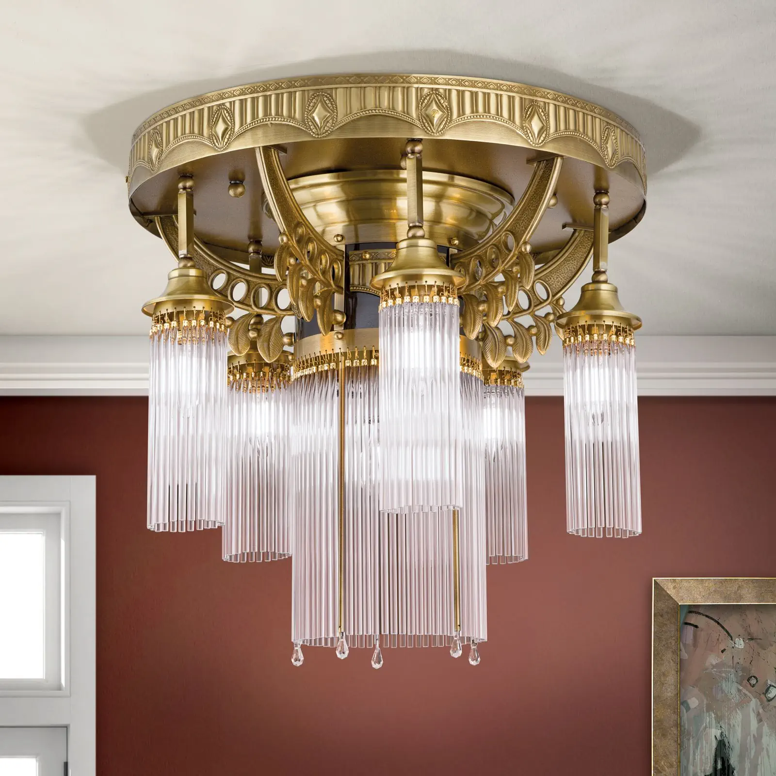 Plafonski luster ADELE, sa 6 izvora svetla, antik mesing, sa staklenim šipkama