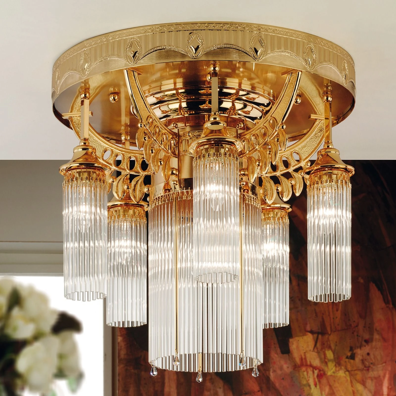 Plafonski luster ADELE, 6 izvora svetla, 24-karatno pozlaćen, kristalni stakleni štapići