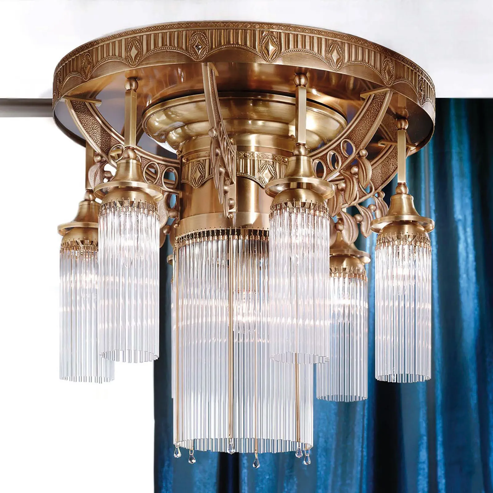 Plafonski luster ADELE, sa 7 izvora svetla, antik mesing, sa staklenim šipkama