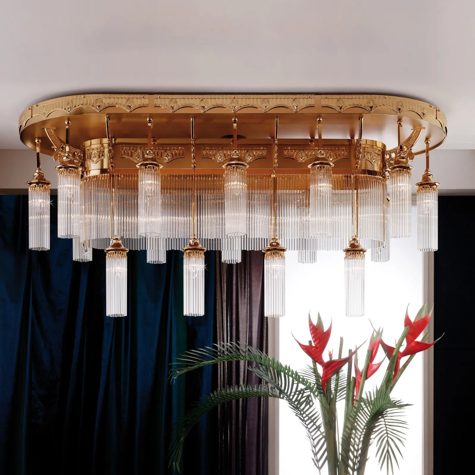 Plafonski luster ADELE, sa 16 izvora svetla, ovalni, zlatni, sa staklenim šipkama