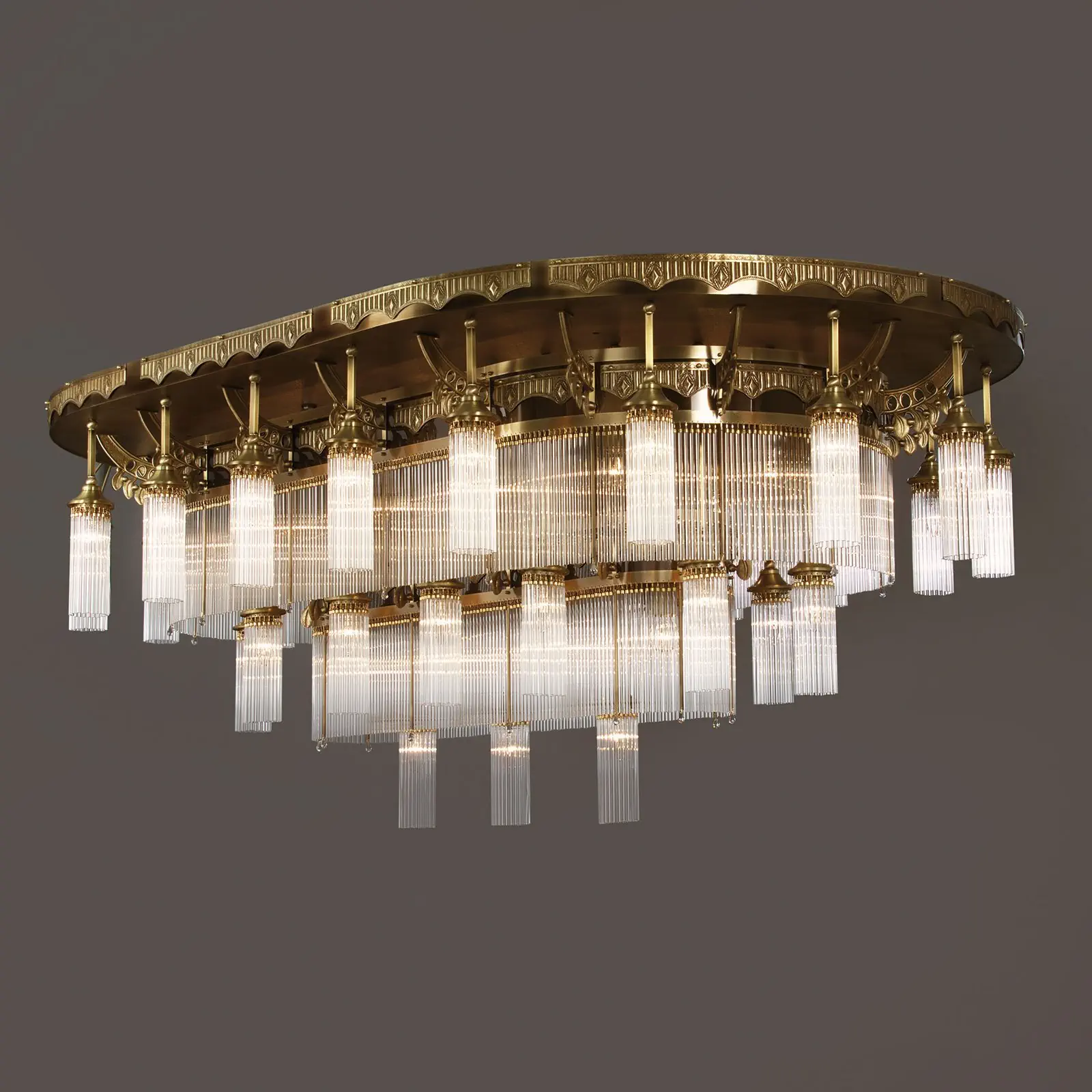 Plafonska lampa ADELE, antik mesing, sa staklenim kristalnim štapićima, sa 33 izvora svetla