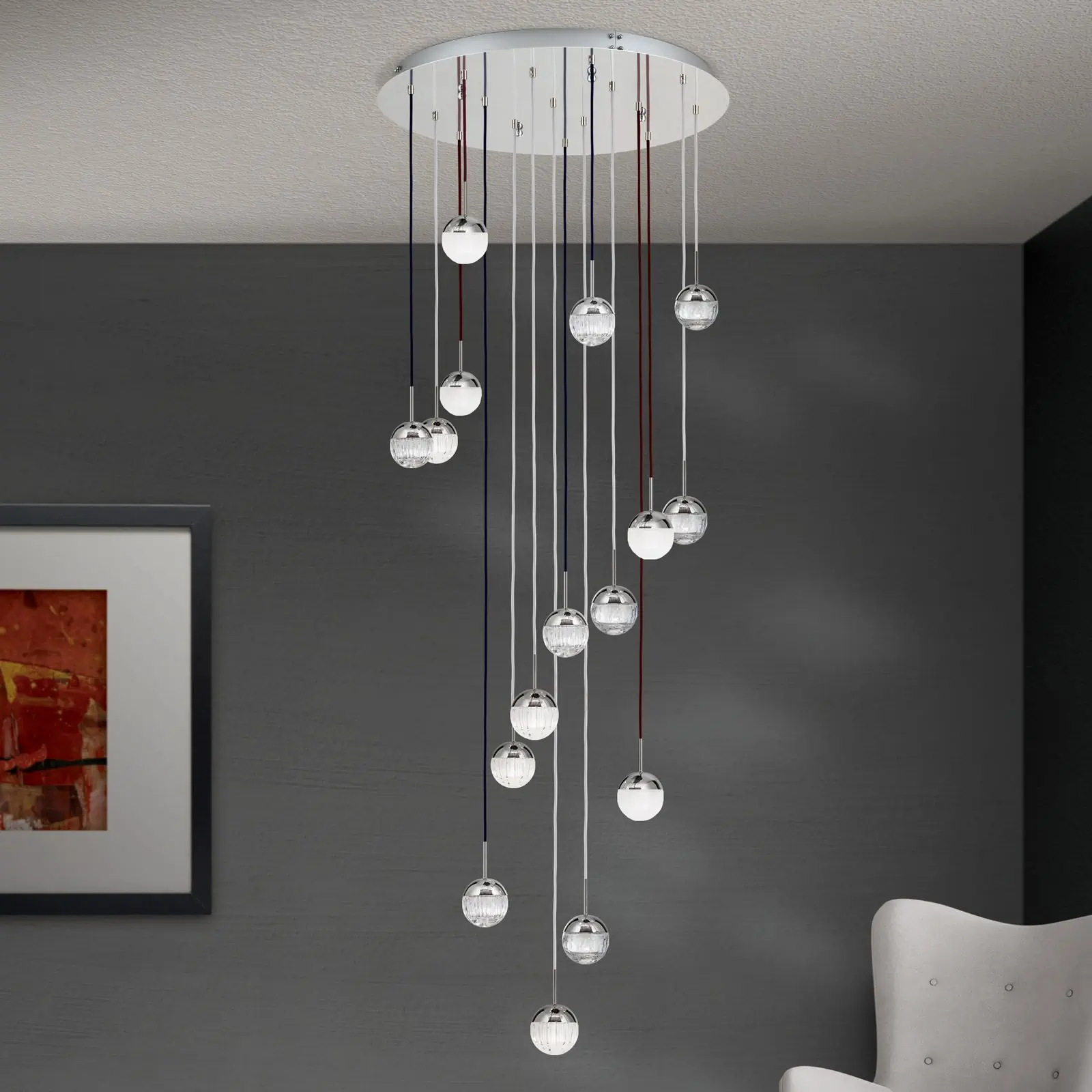 Plafonski luster BALL, Ø 80 cm, nikl, sa tekstilnim kablom u različitim bojama i varijantama kristalnog stakla - 2