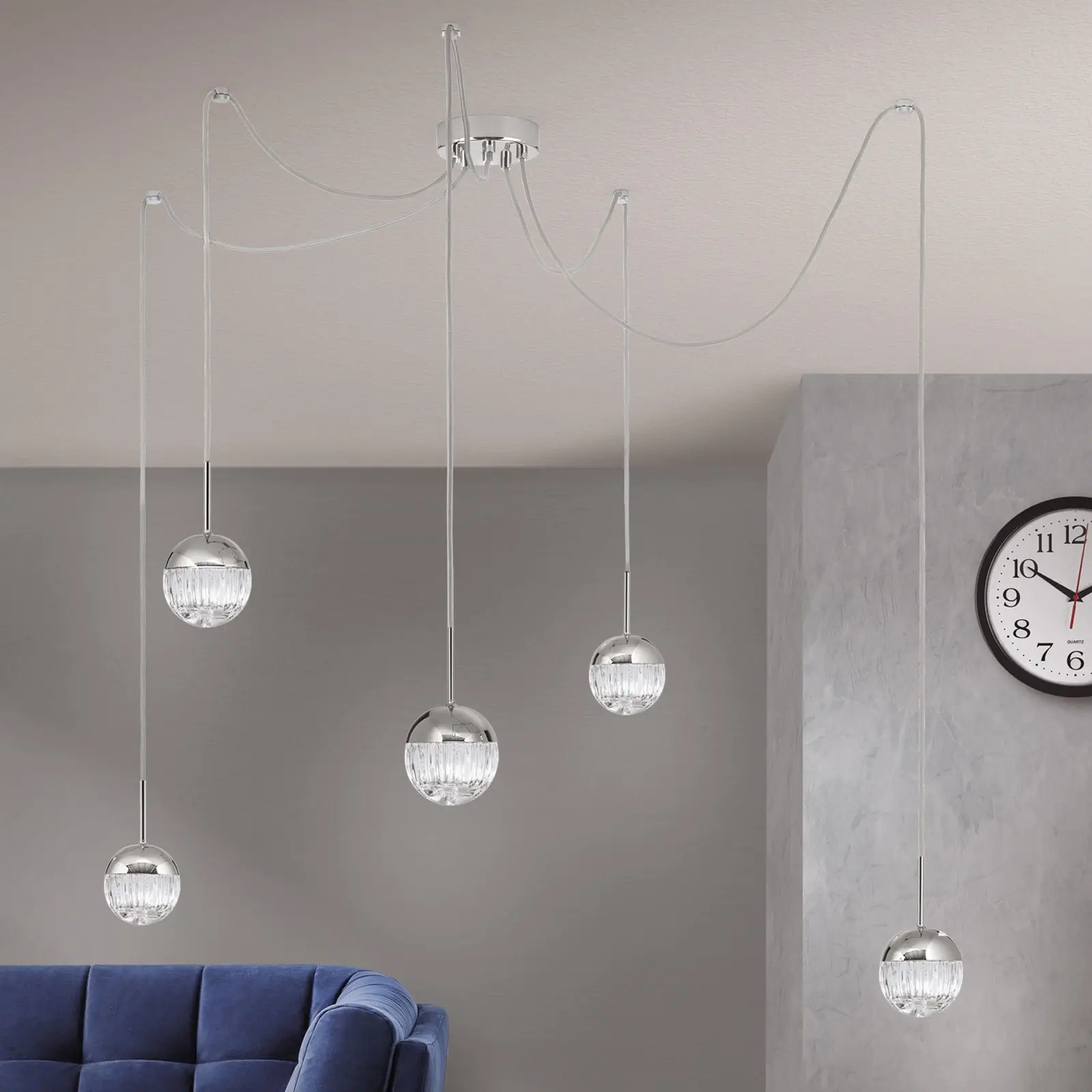 Klaster lampa BALL, 5 izvora svetla, nikl, sa prozirnim kristalnim staklom, linijsko rezanje