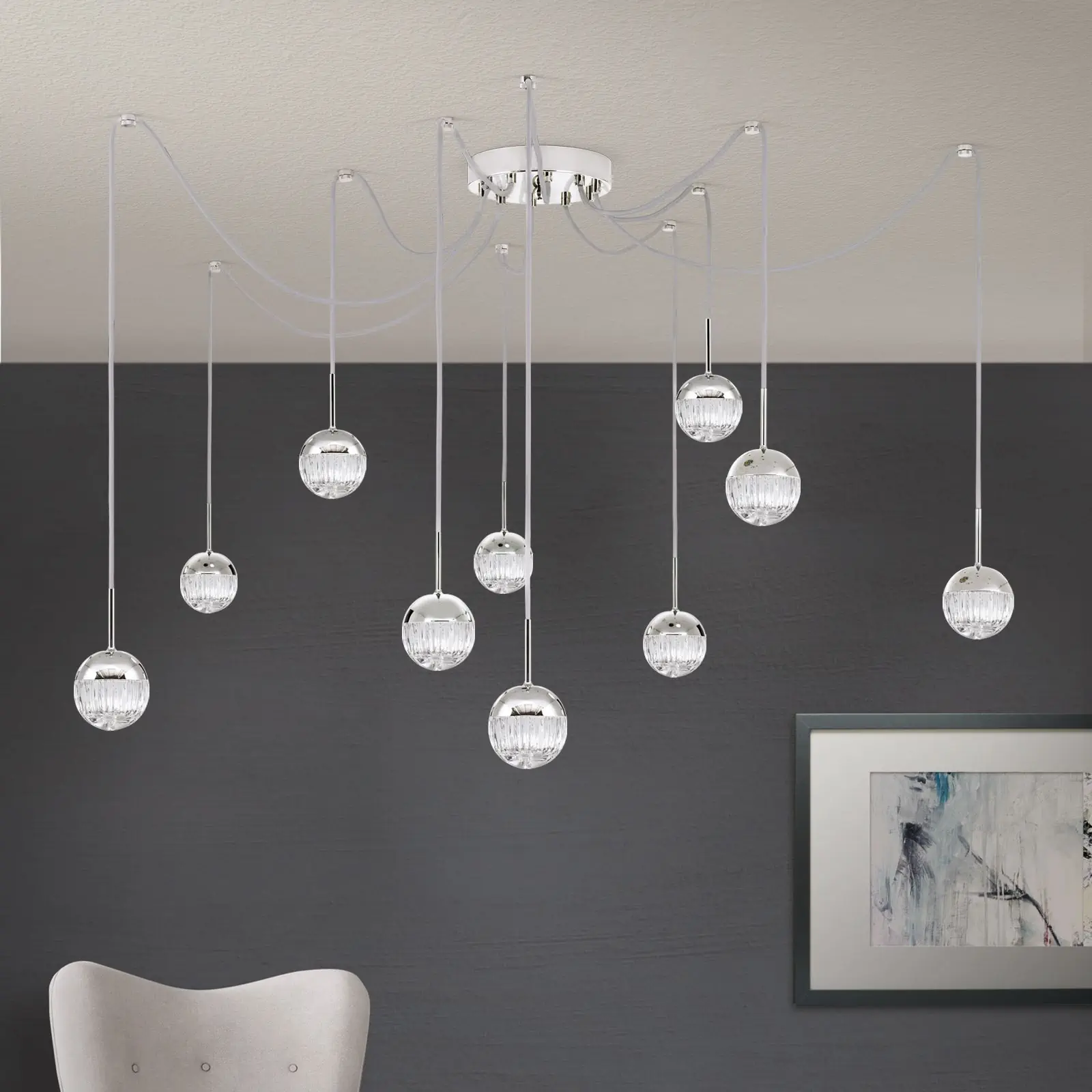 Klaster lampa BALL, 10 izvora svetla, nikl, sa prozirnim kristalnim staklom, linijsko rezanje