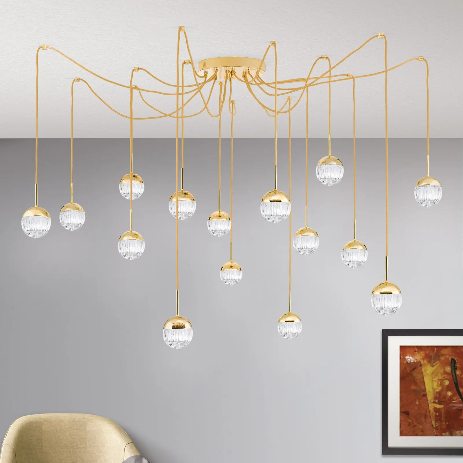 Klaster lampa BALL, 15 izvora svetla, zlato, sa prozirnim kristalnim staklom, linijsko rezanje