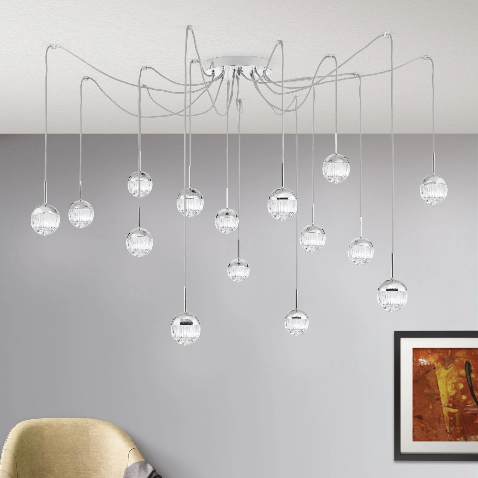 Luster BALL Klaster, 15 izvora svetla, sjajni nikl, providno kristalno staklo (ručno sečeno)