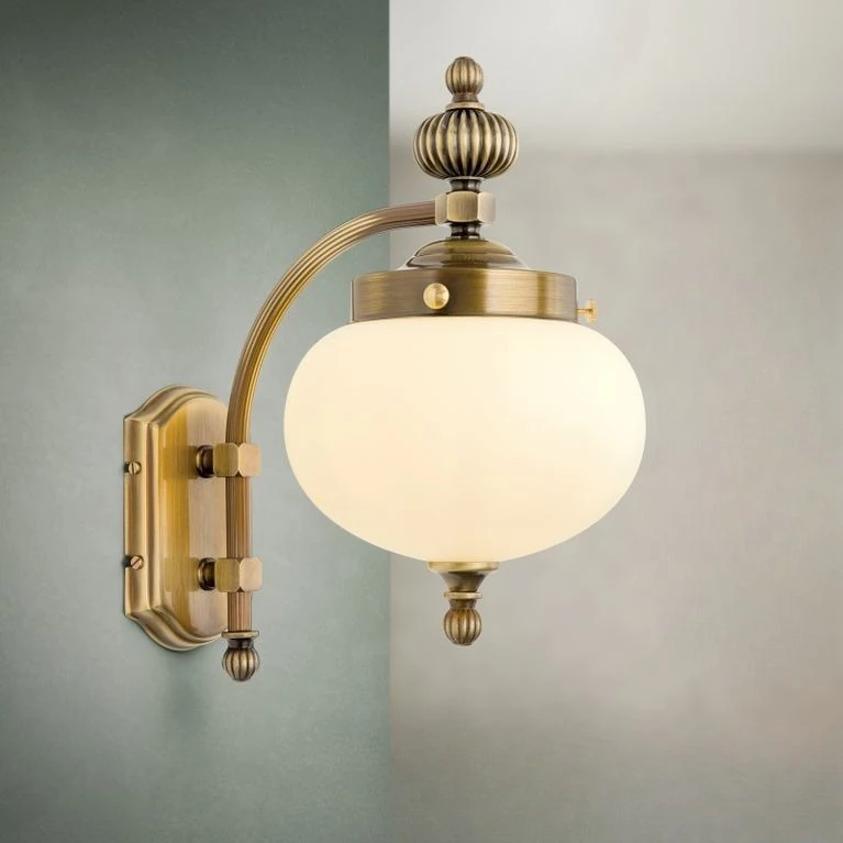 Zidna lampa WIENER NOSTALGIE, 1 izvor svetla, nadole, antik mesing, šampanj staklo