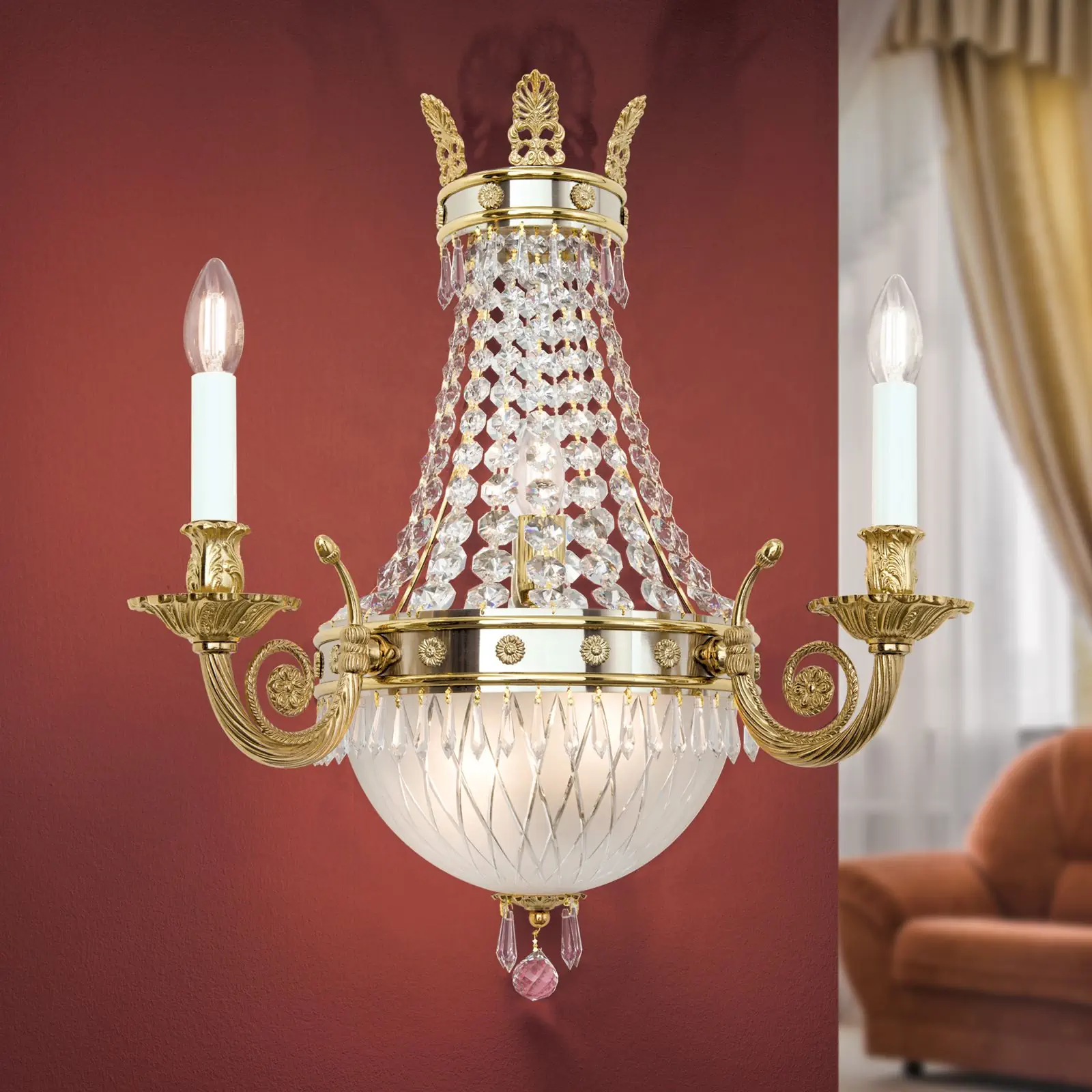 Zidna lampa sa krakom EMPIRE CRYSTAL, sa pet izvora svetla, pozlaćena