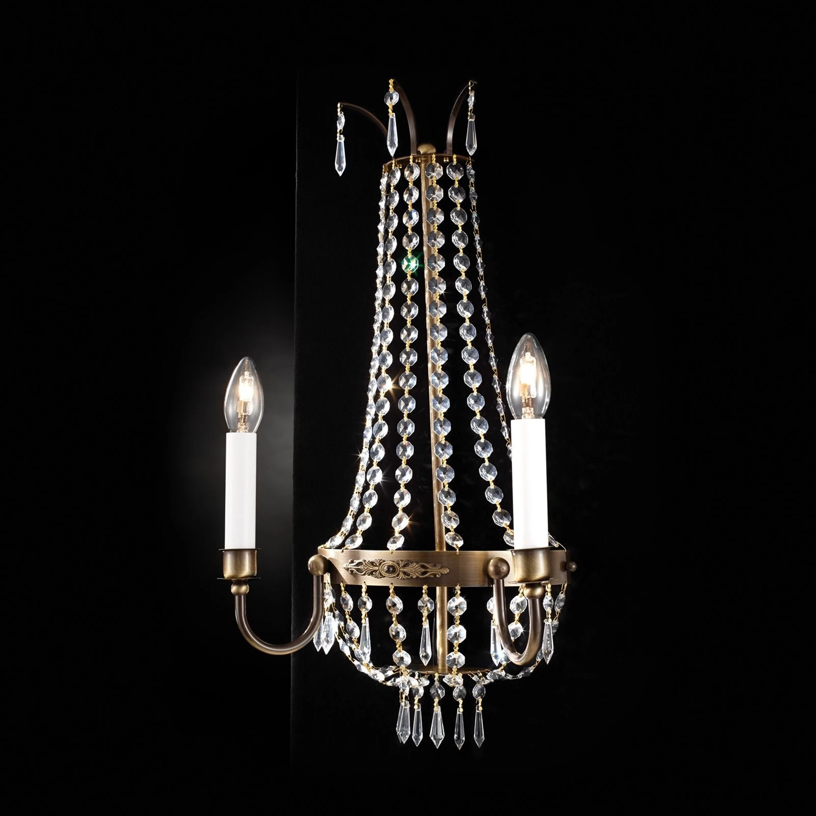 Zidna lampa EMPIRE CRYSTAL, 2 izvora svetla, antik mesing