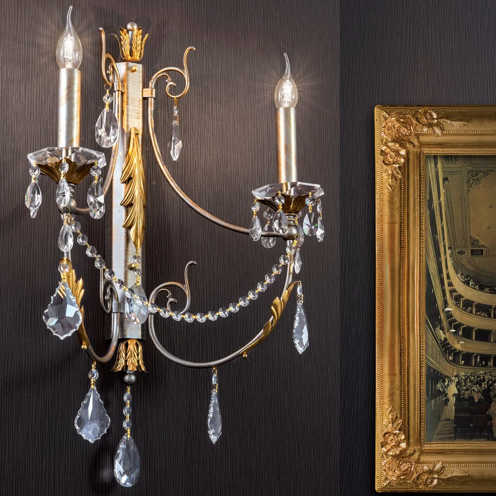 Zidna lampa MIRAMARE, sa dva izvora svetla, srebrno-zlatna