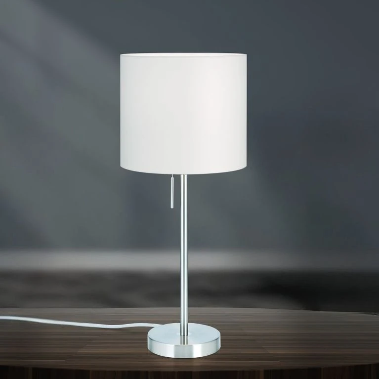 Stona lampa SHADE, mala, saten hrom, cilindrični beli abažur