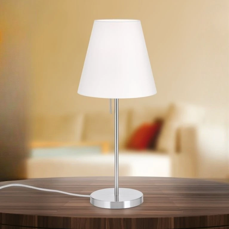 Stona lampa SHADE, srednja, saten hrom, konusni beli abažur