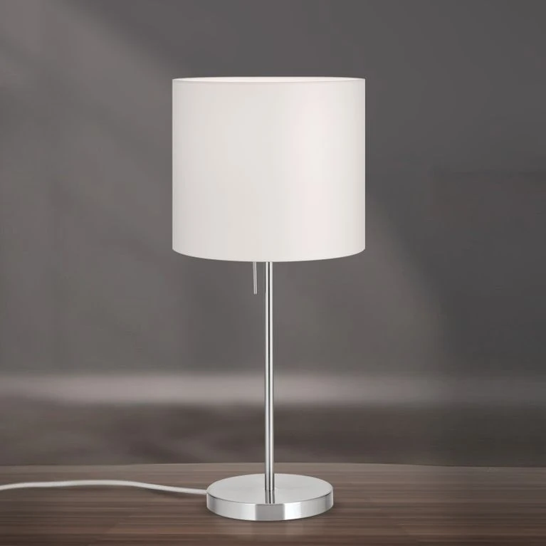 Stona lampa SHADE, srednja, saten hrom, cilindrični beli abažur