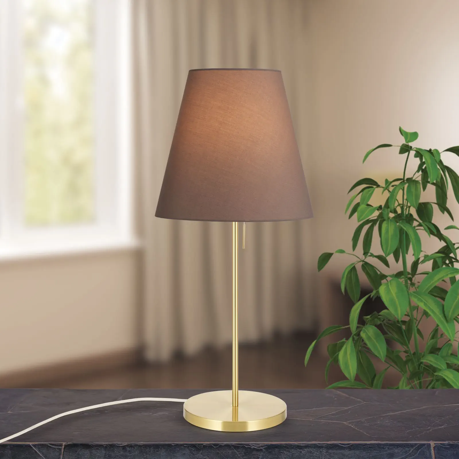 Stona lampa SHADE, velika, mat mesing, sa koničnim, braon abažurom